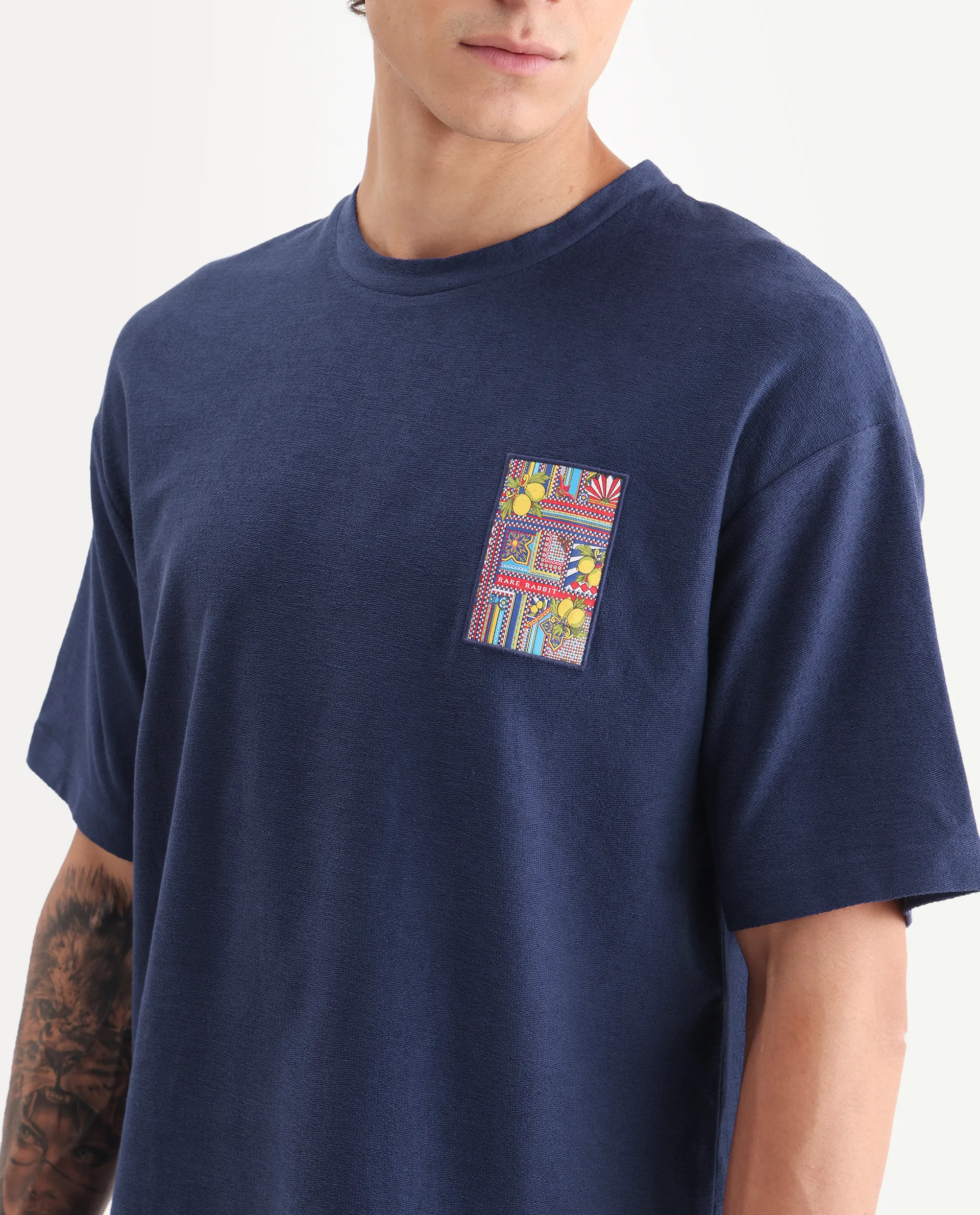 Rare Rabbit Men's Oxo Dark Blue Cotton Embroidered Oversized Fit Half Sleeve Crew Neck T-Shirt - Image 3