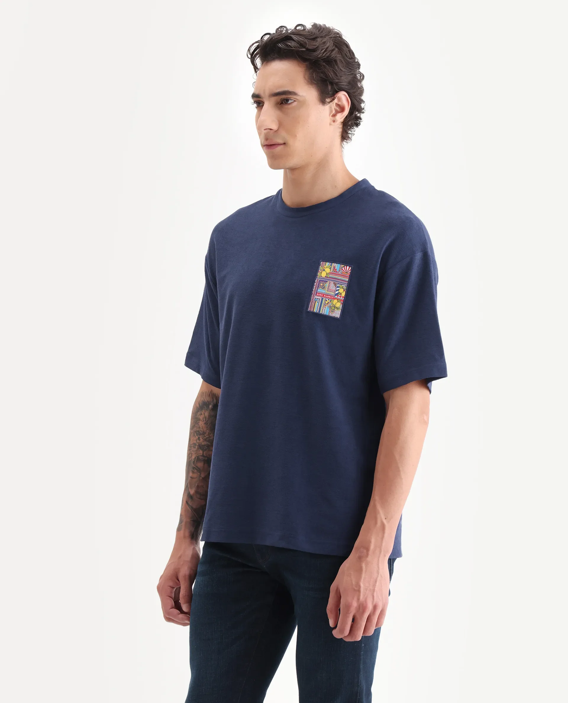 Rare Rabbit Men's Oxo Dark Blue Cotton Embroidered Oversized Fit Half Sleeve Crew Neck T-Shirt - Image 4