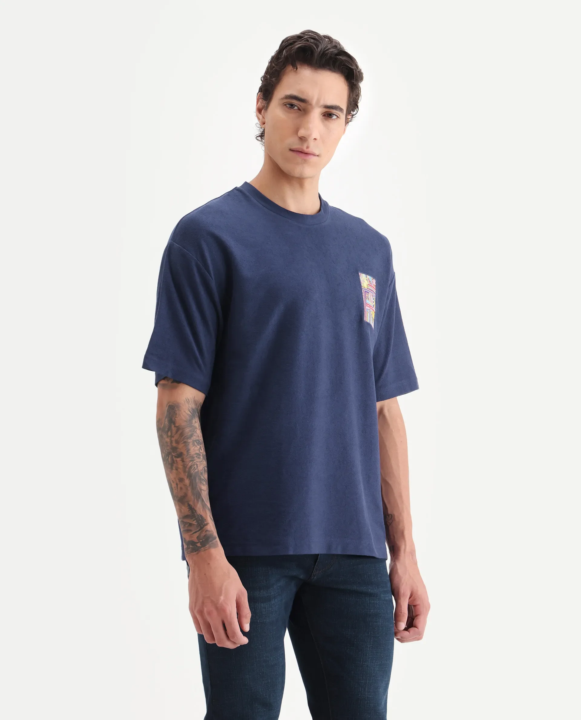 Rare Rabbit Men's Oxo Dark Blue Cotton Embroidered Oversized Fit Half Sleeve Crew Neck T-Shirt - Image 5