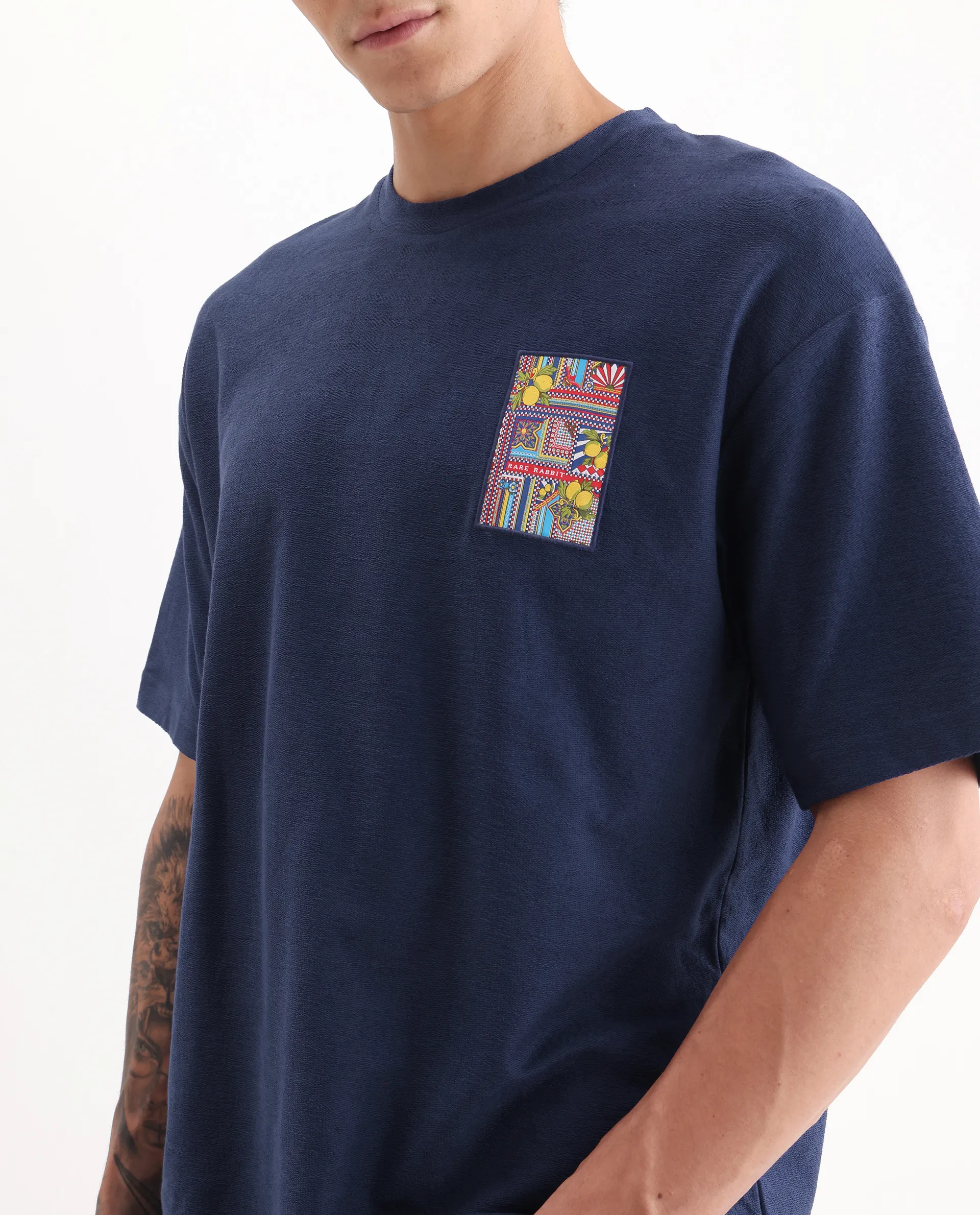 Rare Rabbit Men's Oxo Dark Blue Cotton Embroidered Oversized Fit Half Sleeve Crew Neck T-Shirt - Image 6