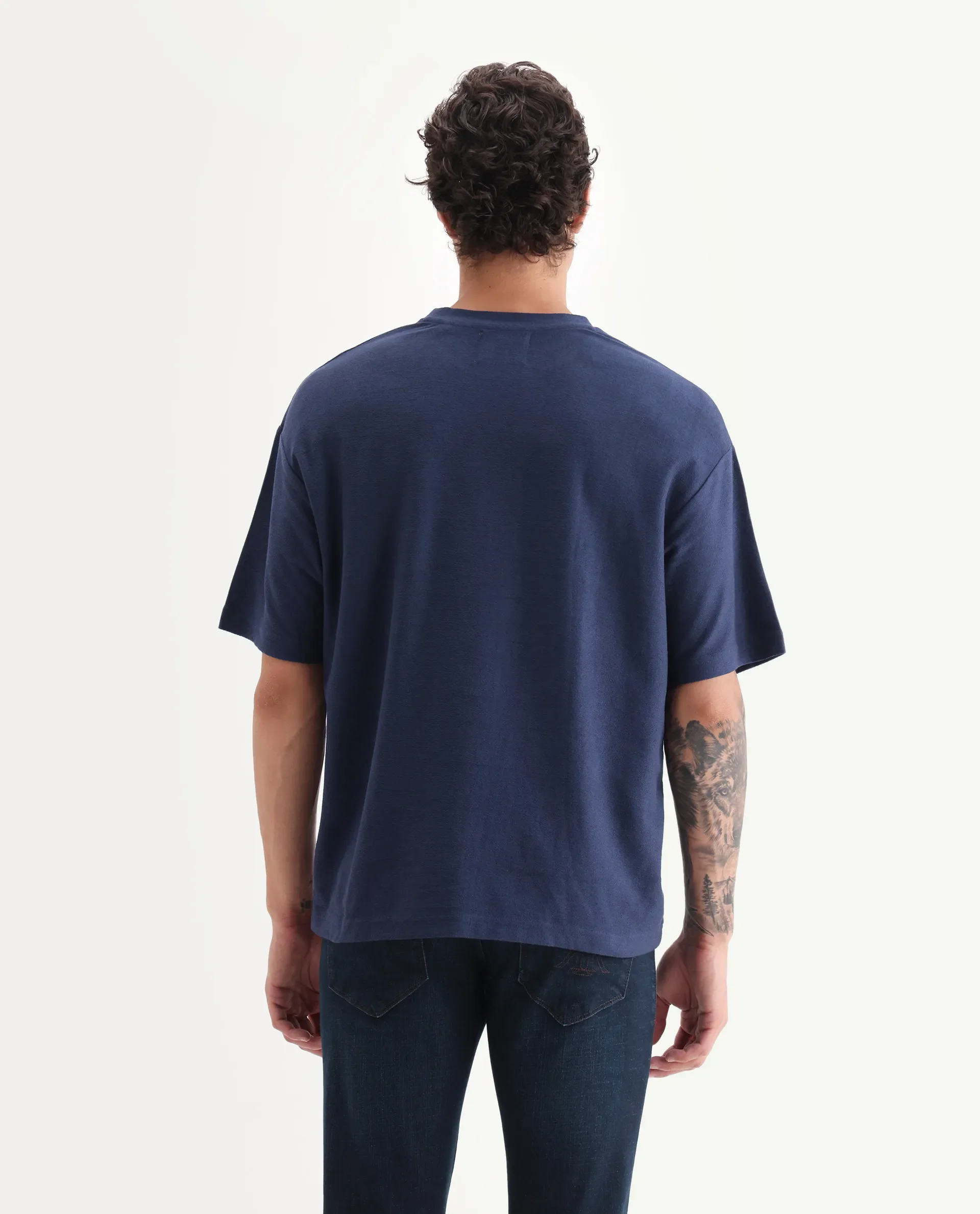 Rare Rabbit Men's Oxo Dark Blue Cotton Embroidered Oversized Fit Half Sleeve Crew Neck T-Shirt - Image 7