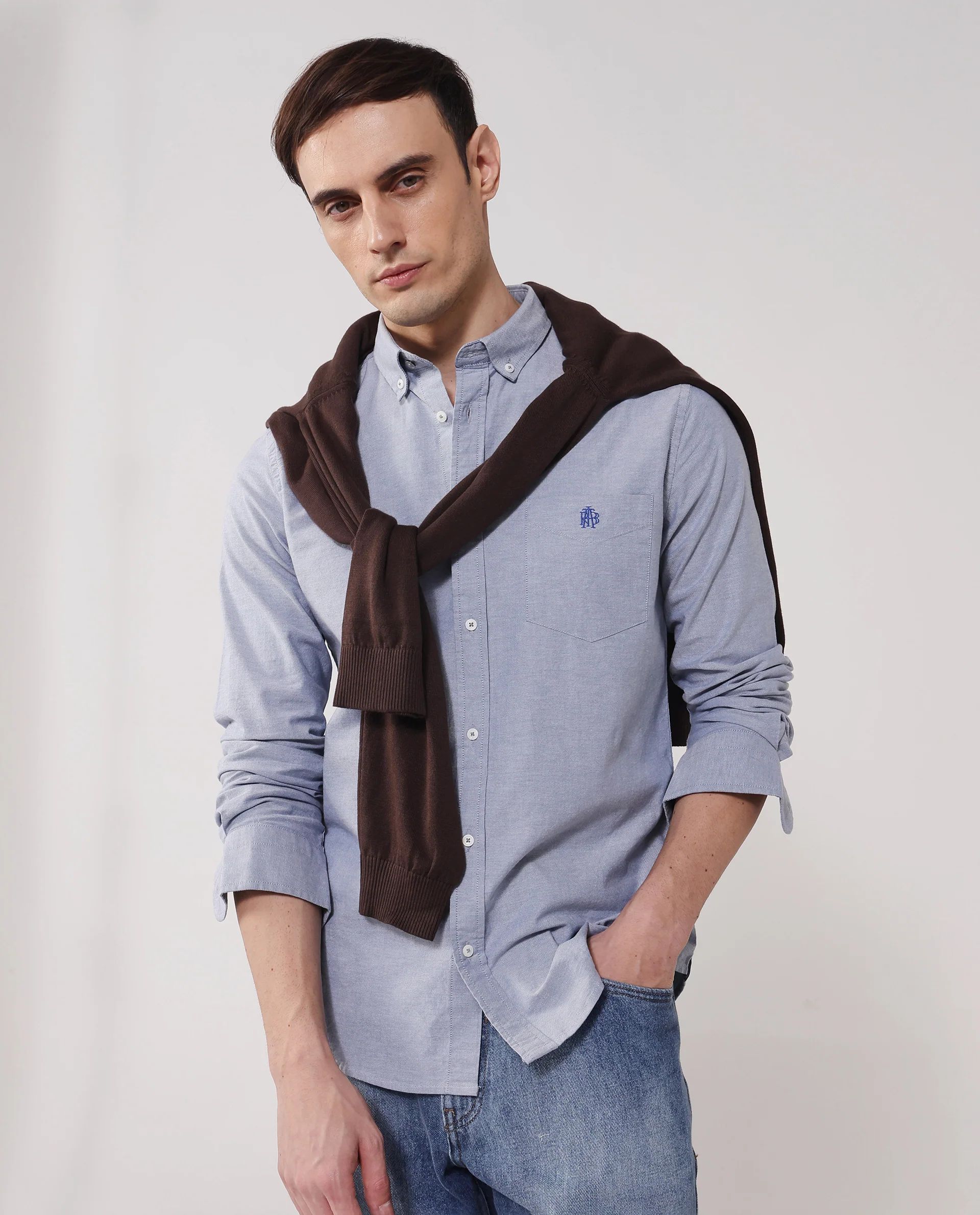 Rare Rabbit Men's Oxob Dusky Blue Cotton Blend Plain Regular Fit Full Sleeve Collared Shirt