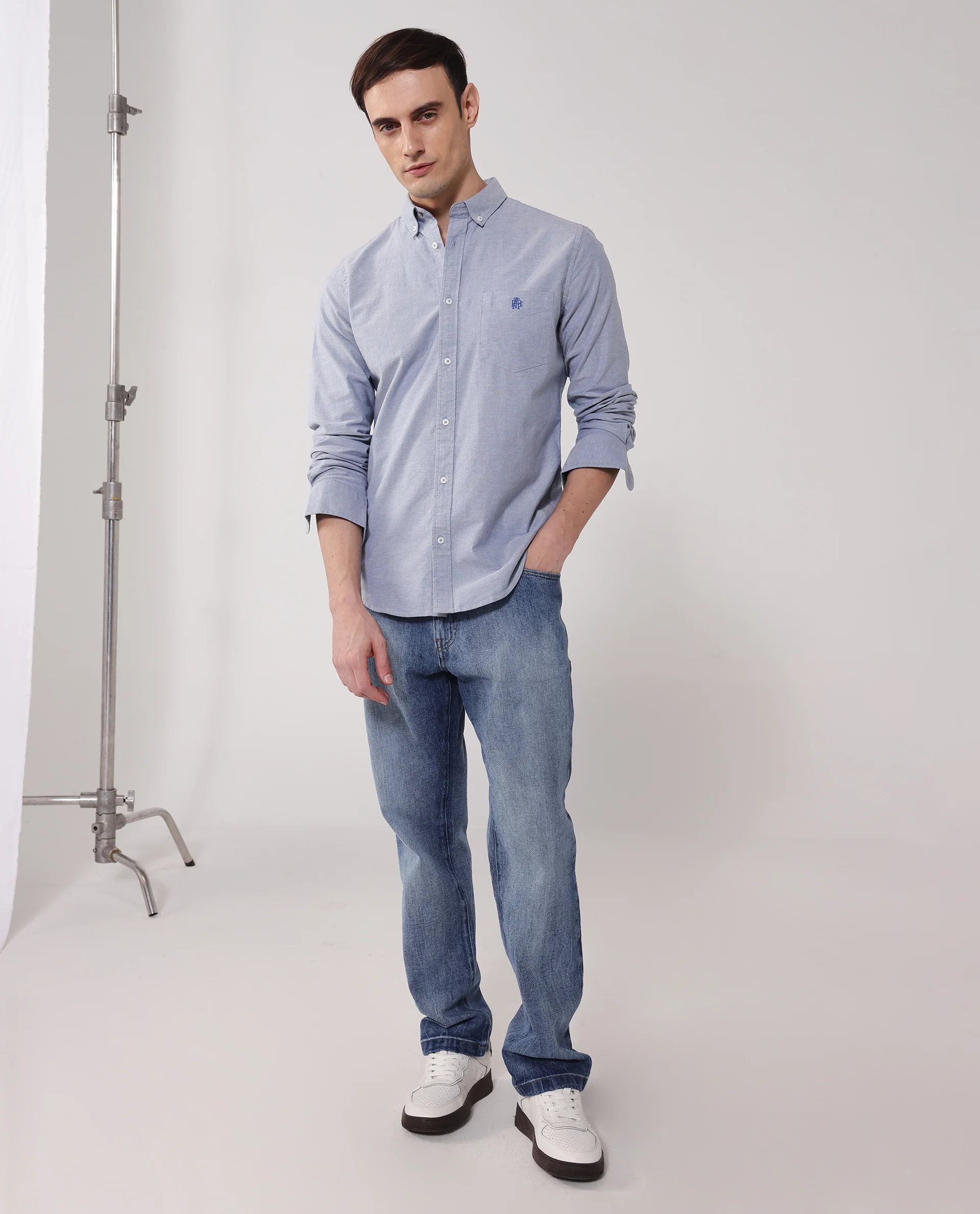 Rare Rabbit Men's Oxob Dusky Blue Cotton Blend Plain Regular Fit Full Sleeve Collared Shirt - Image 2