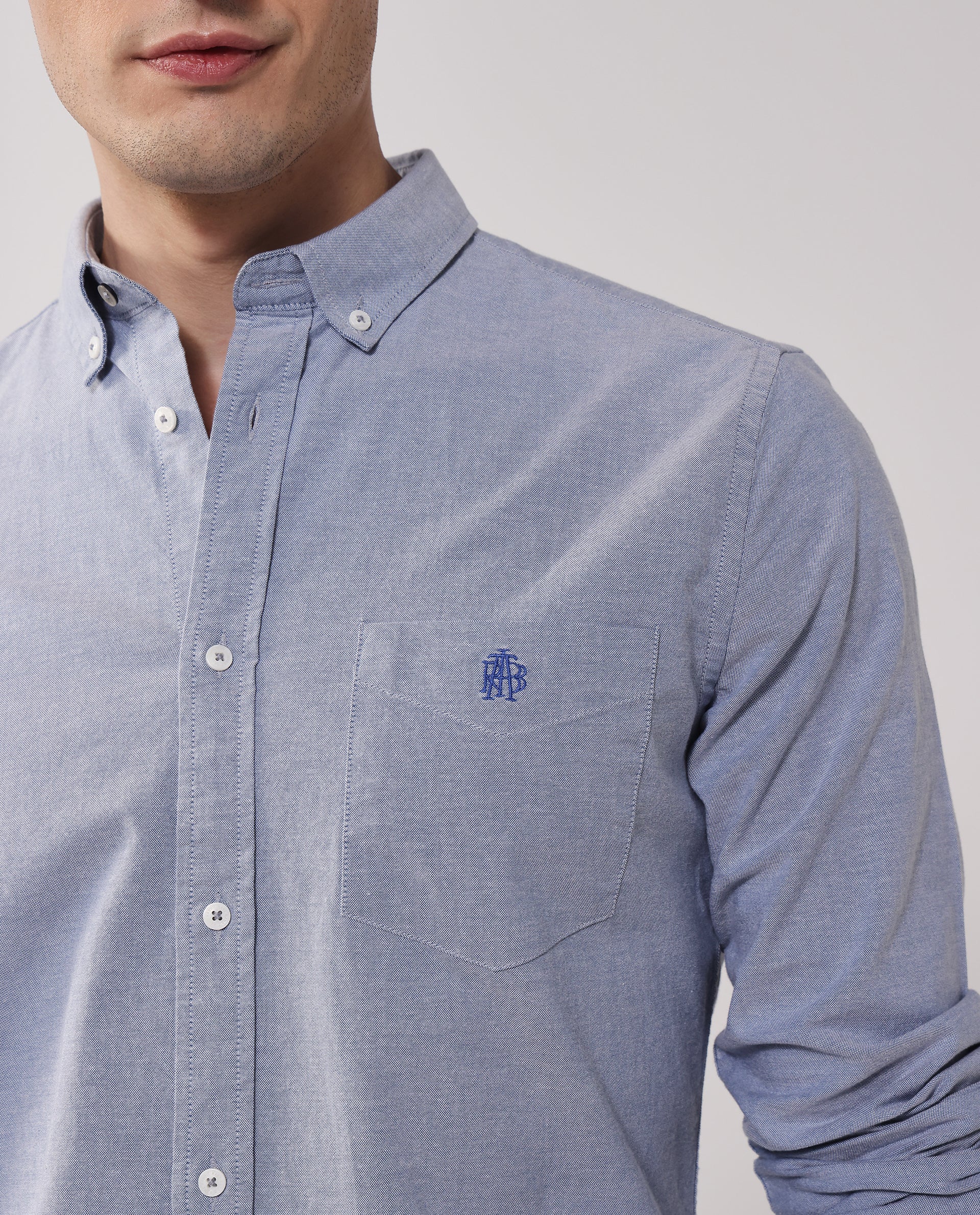 Rare Rabbit Men's Oxob Dusky Blue Cotton Blend Plain Regular Fit Full Sleeve Collared Shirt - Image 3