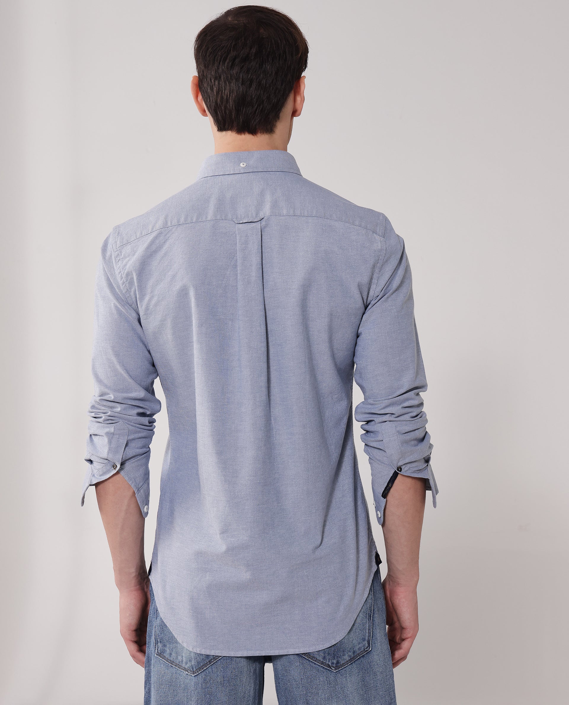 Rare Rabbit Men's Oxob Dusky Blue Cotton Blend Plain Regular Fit Full Sleeve Collared Shirt - Image 4