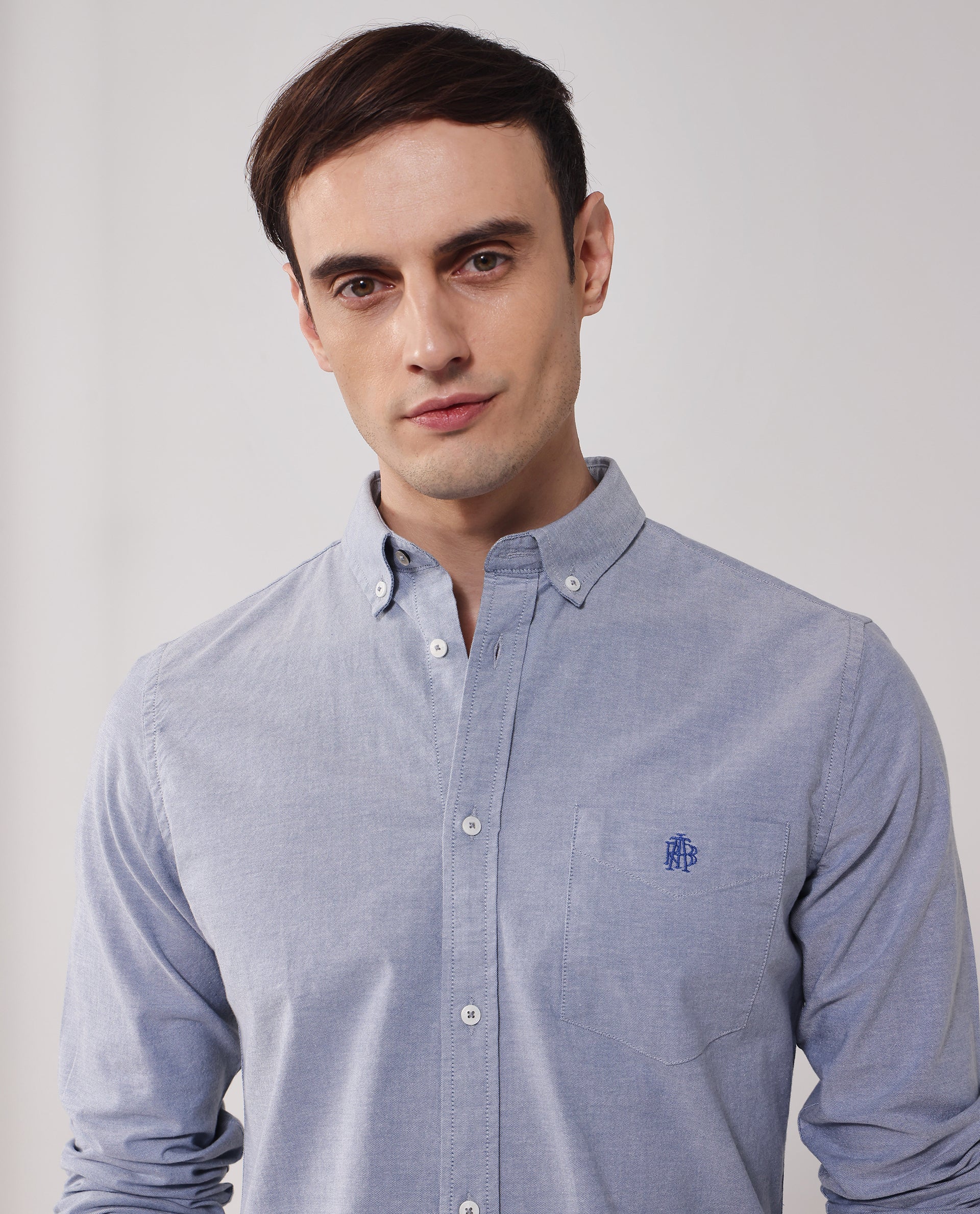 Rare Rabbit Men's Oxob Dusky Blue Cotton Blend Plain Regular Fit Full Sleeve Collared Shirt - Image 5
