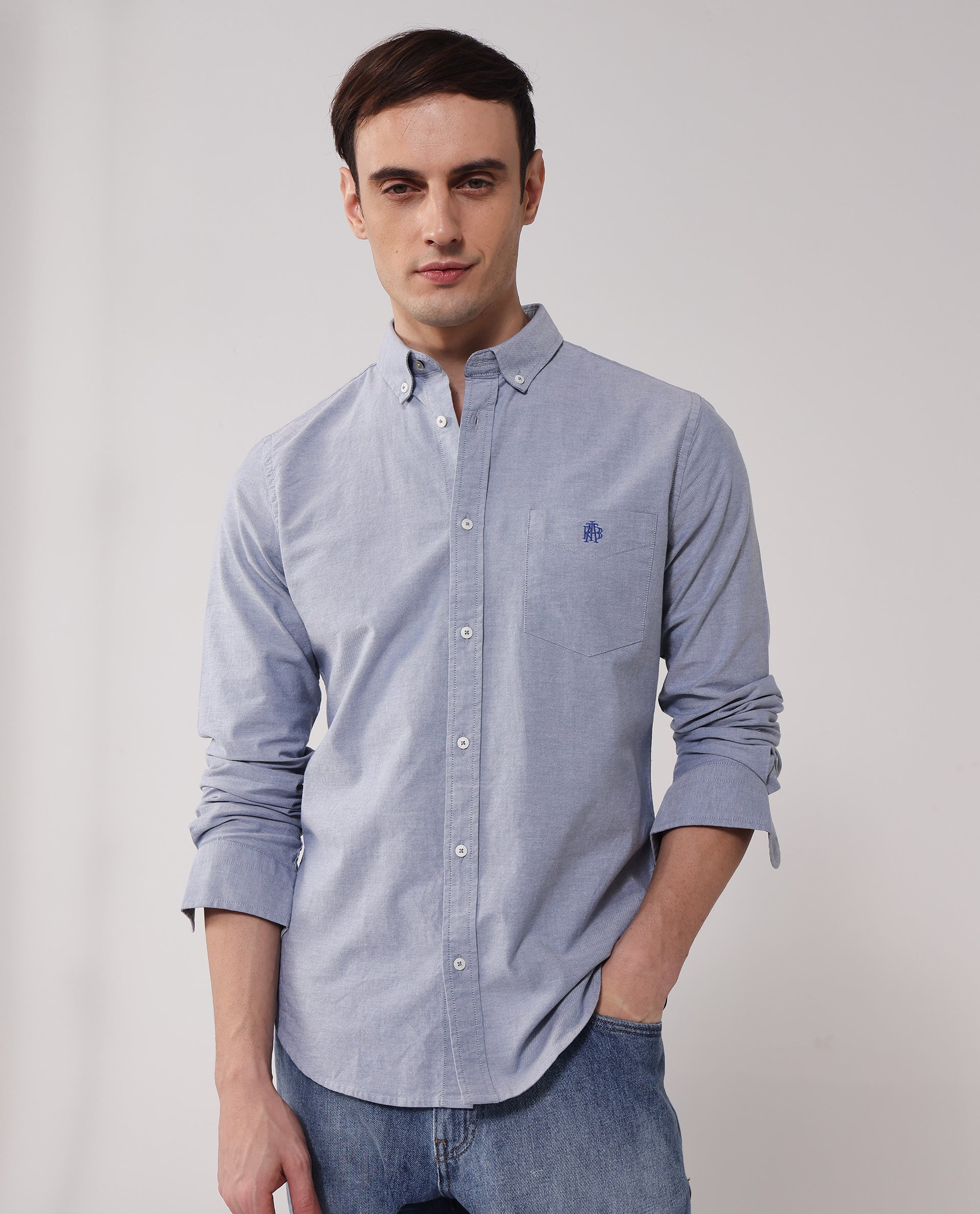 Rare Rabbit Men's Oxob Dusky Blue Cotton Blend Plain Regular Fit Full Sleeve Collared Shirt - Image 7