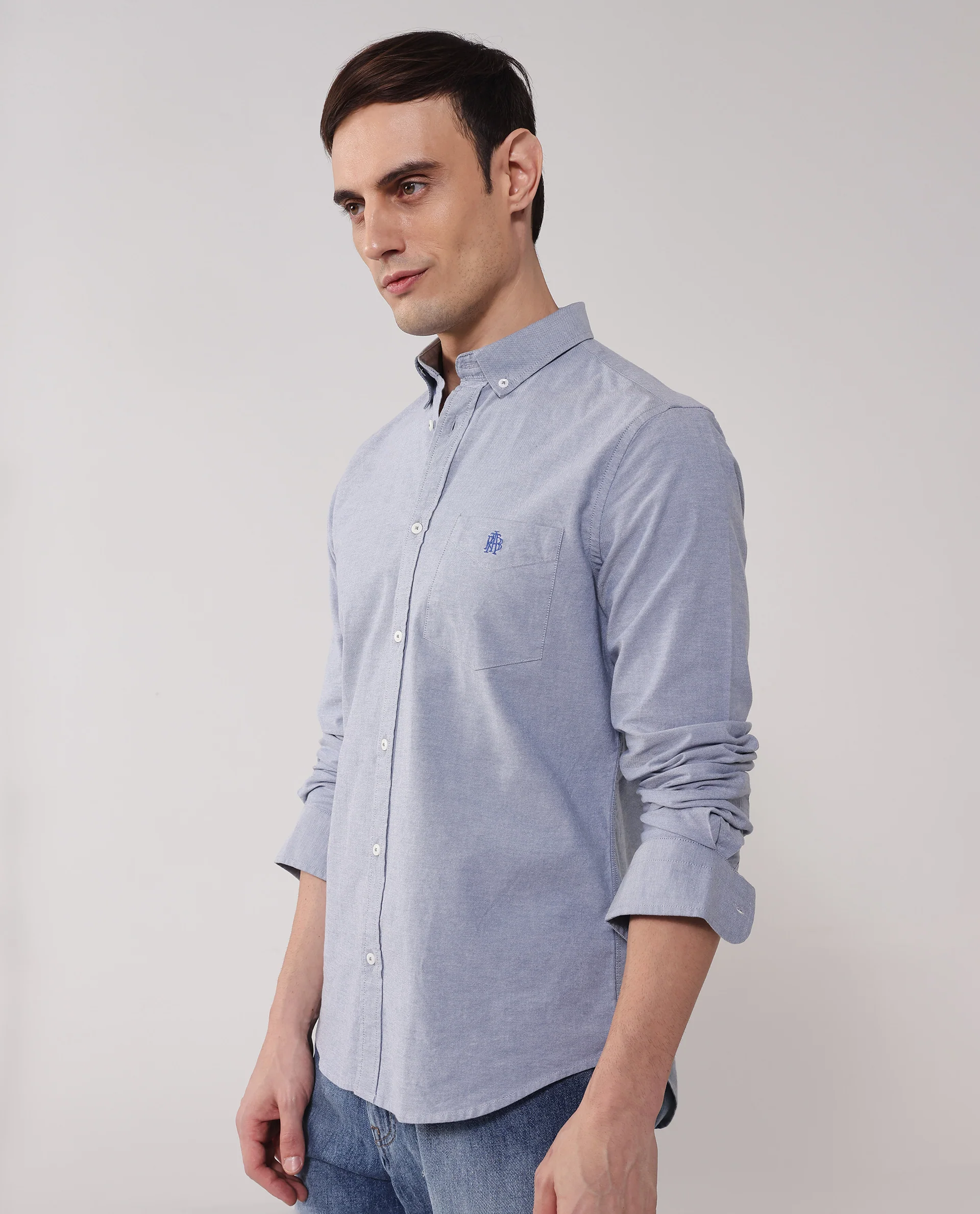 Rare Rabbit Men's Oxob Dusky Blue Cotton Blend Plain Regular Fit Full Sleeve Collared Shirt - Image 8