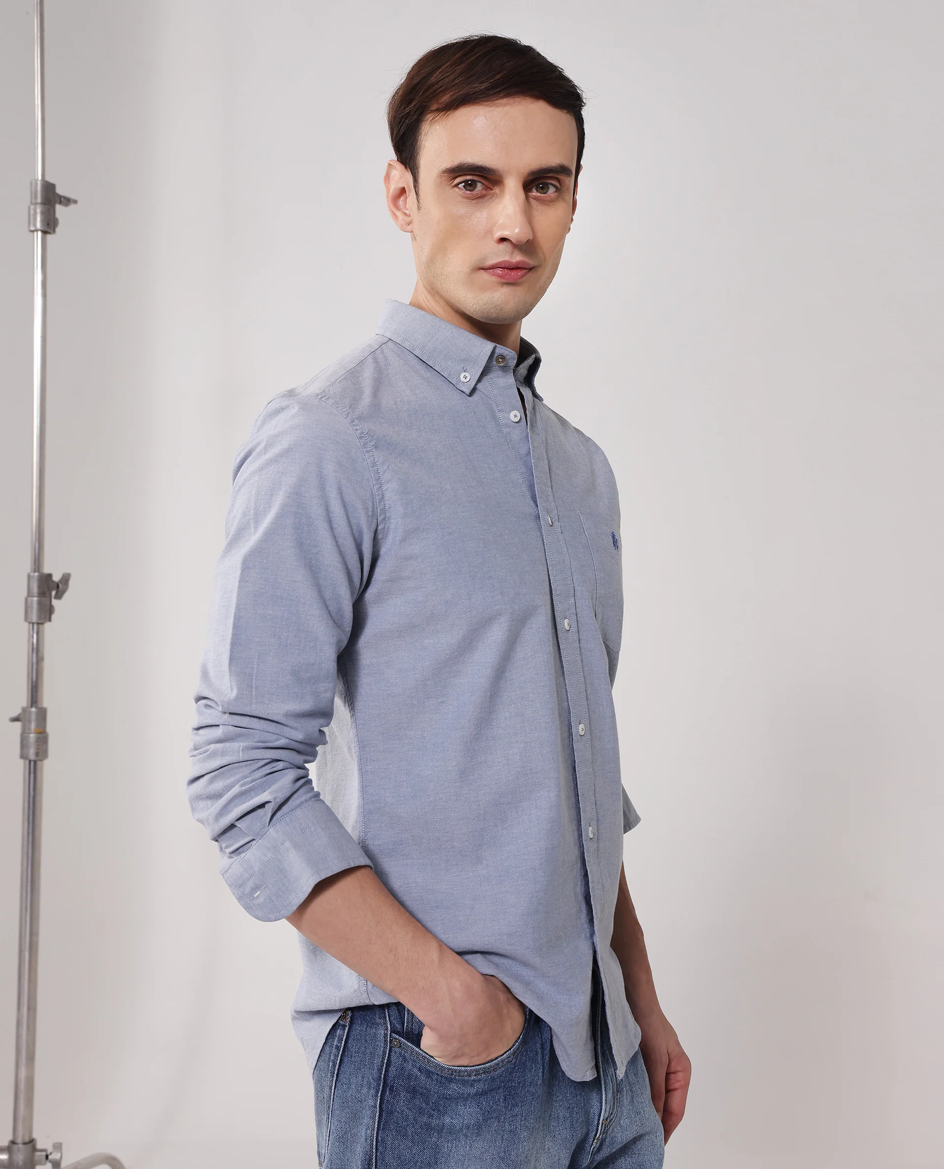 Rare Rabbit Men's Oxob Dusky Blue Cotton Blend Plain Regular Fit Full Sleeve Collared Shirt - Image 9