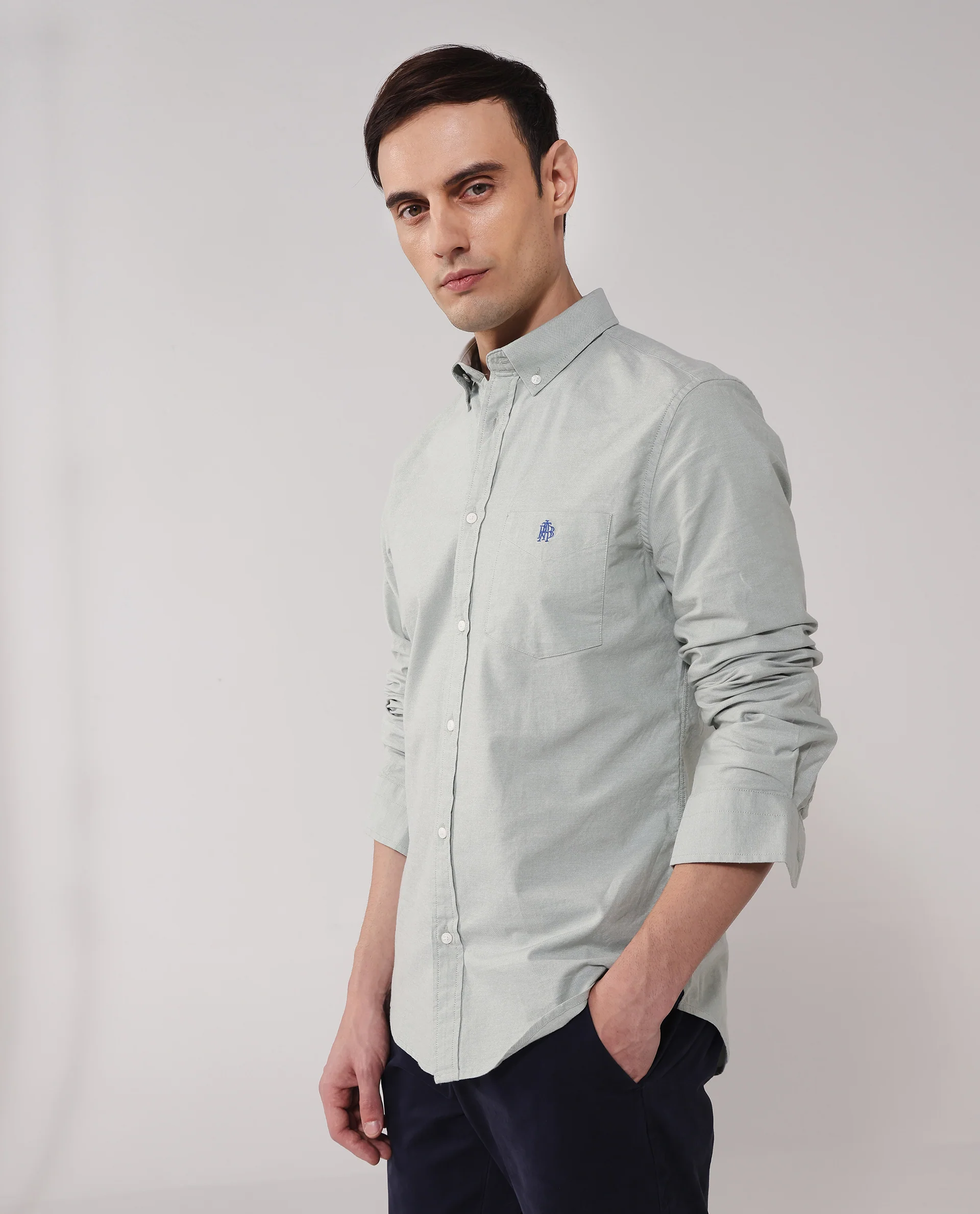Rare Rabbit Men's Oxob Dusky Green Cotton Blend Plain Regular Fit Full Sleeve Collared Shirt - Image 6