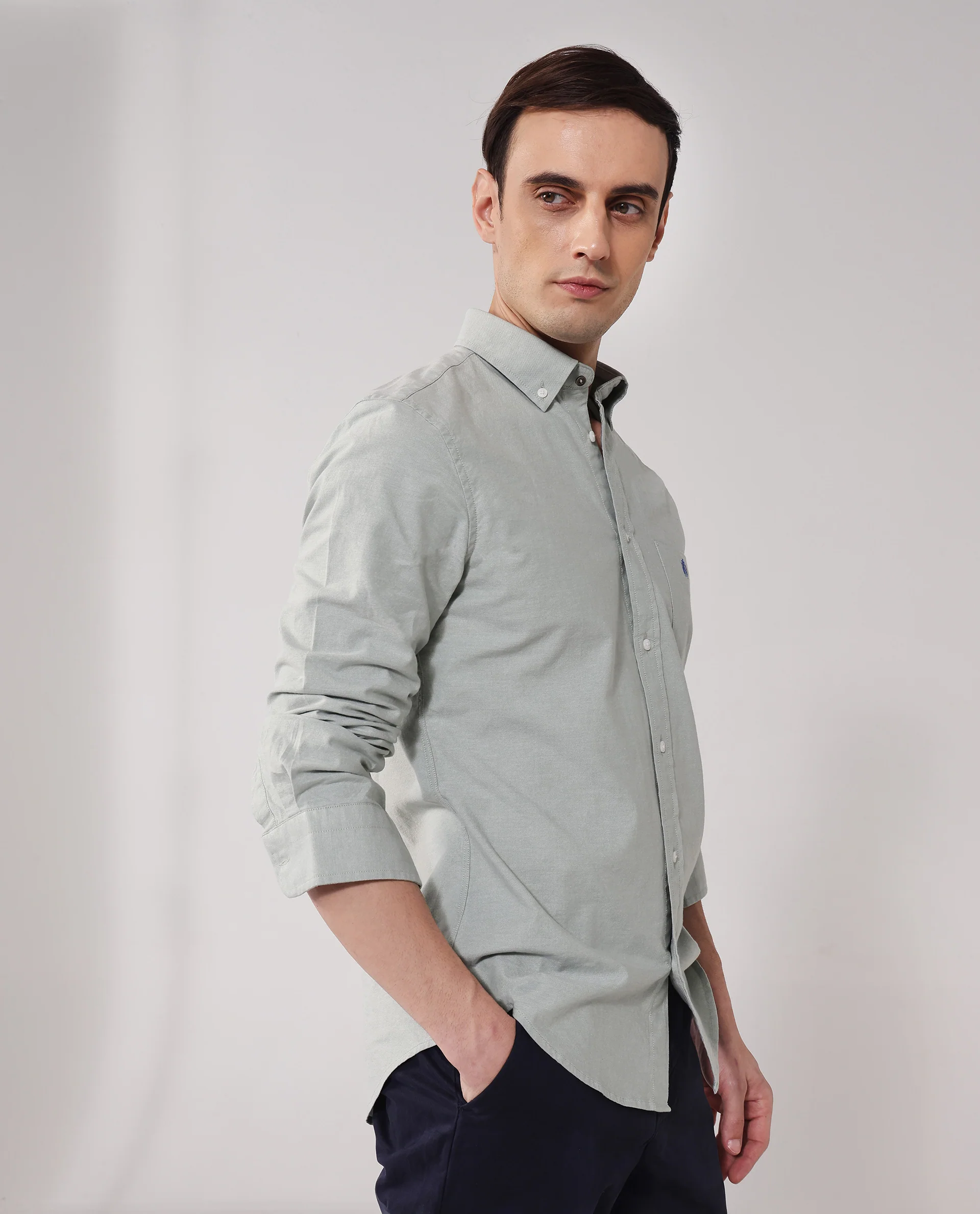 Rare Rabbit Men's Oxob Dusky Green Cotton Blend Plain Regular Fit Full Sleeve Collared Shirt - Image 7