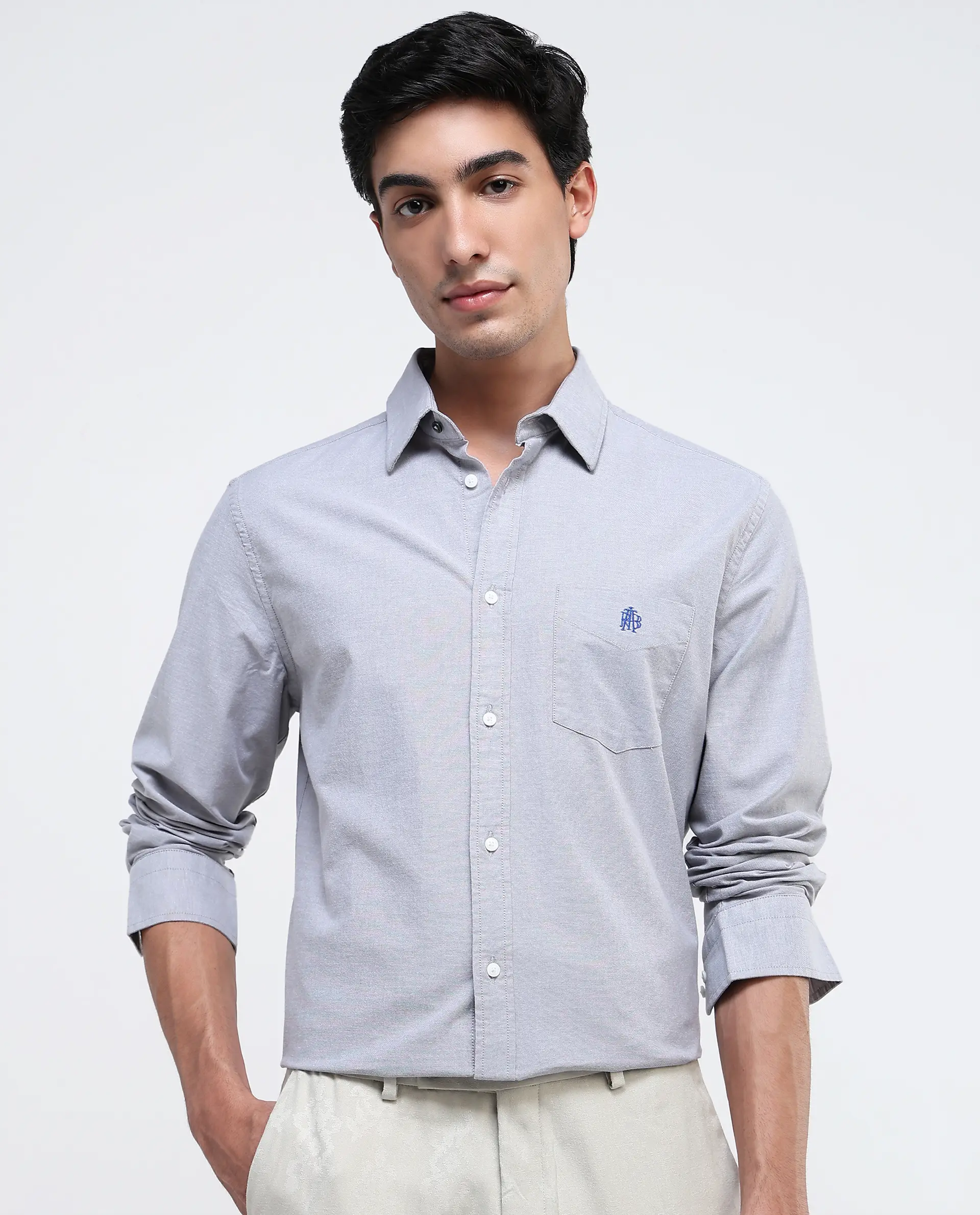 Rare Rabbit Men's Oxob Grey Cotton Blend Plain Regular Fit Full Sleeve Collared Shirt