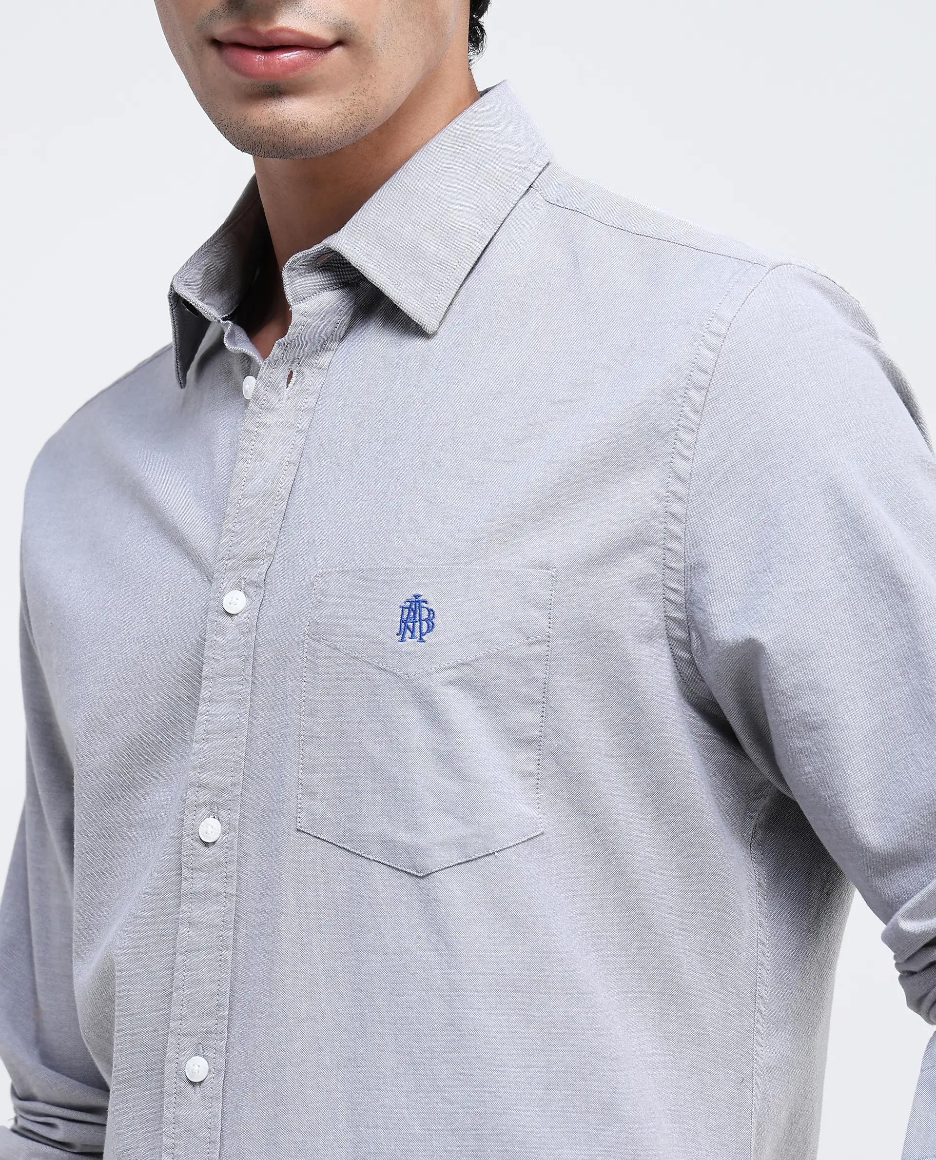Rare Rabbit Men's Oxob Grey Cotton Blend Plain Regular Fit Full Sleeve Collared Shirt - Image 3