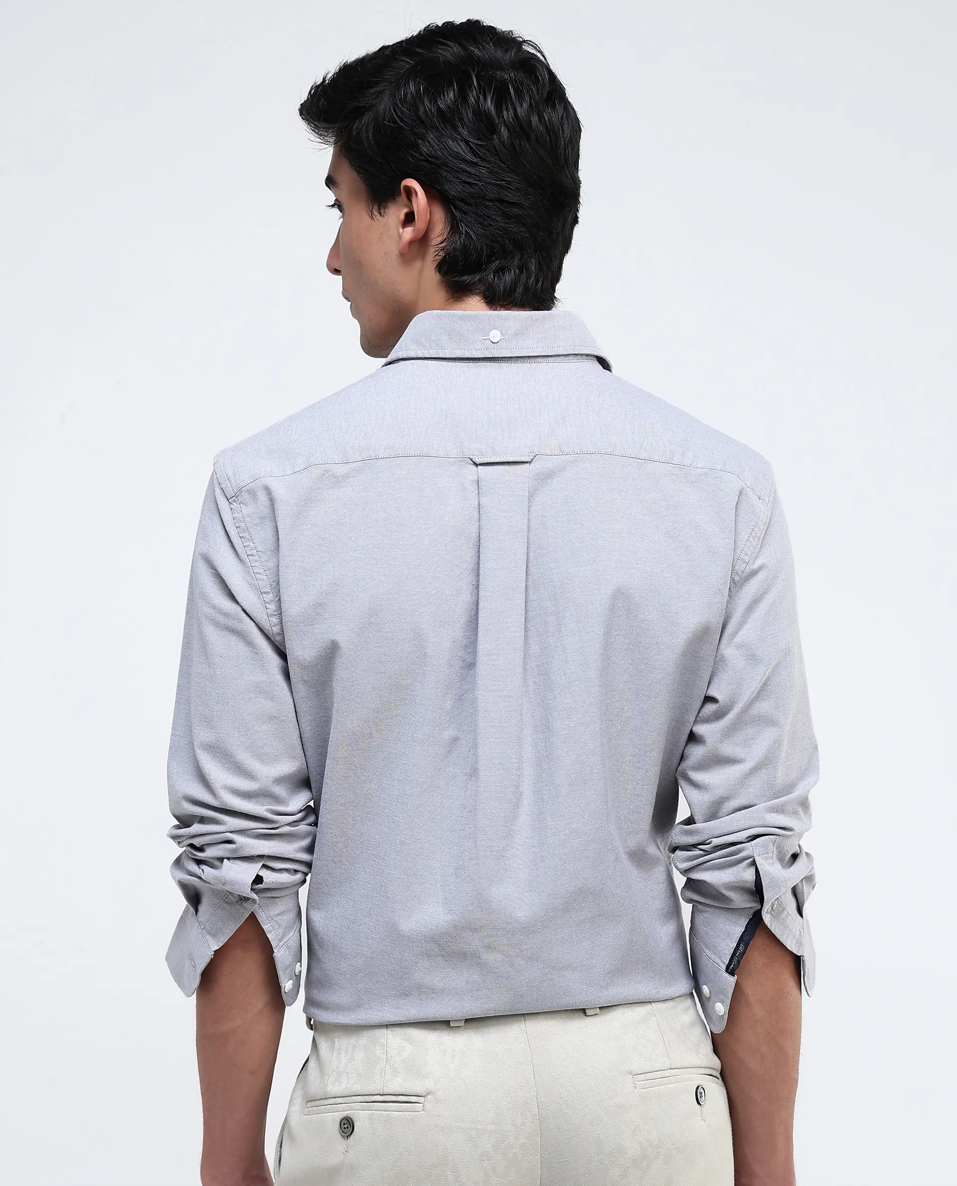 Rare Rabbit Men's Oxob Grey Cotton Blend Plain Regular Fit Full Sleeve Collared Shirt - Image 4