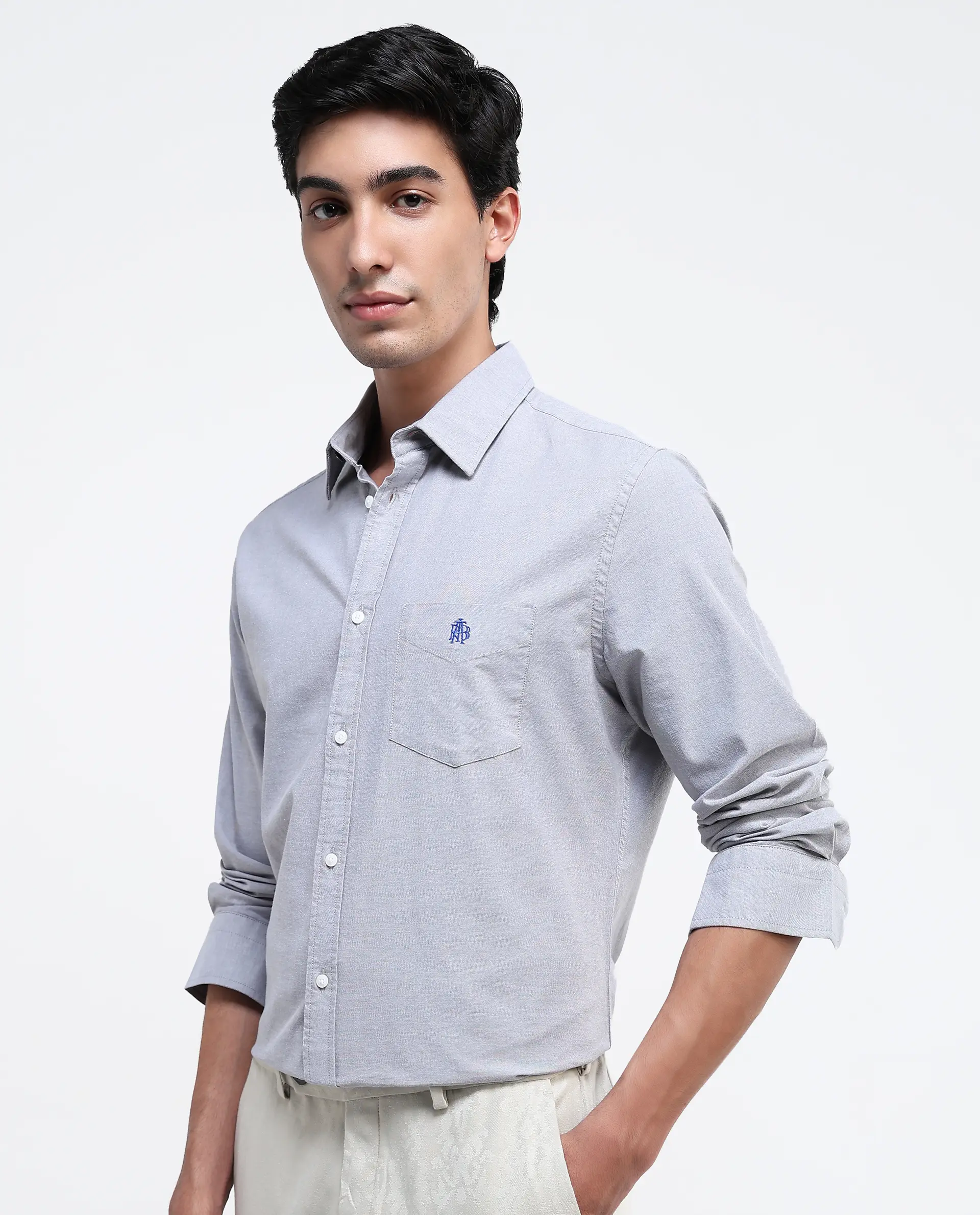 Rare Rabbit Men's Oxob Grey Cotton Blend Plain Regular Fit Full Sleeve Collared Shirt - Image 5