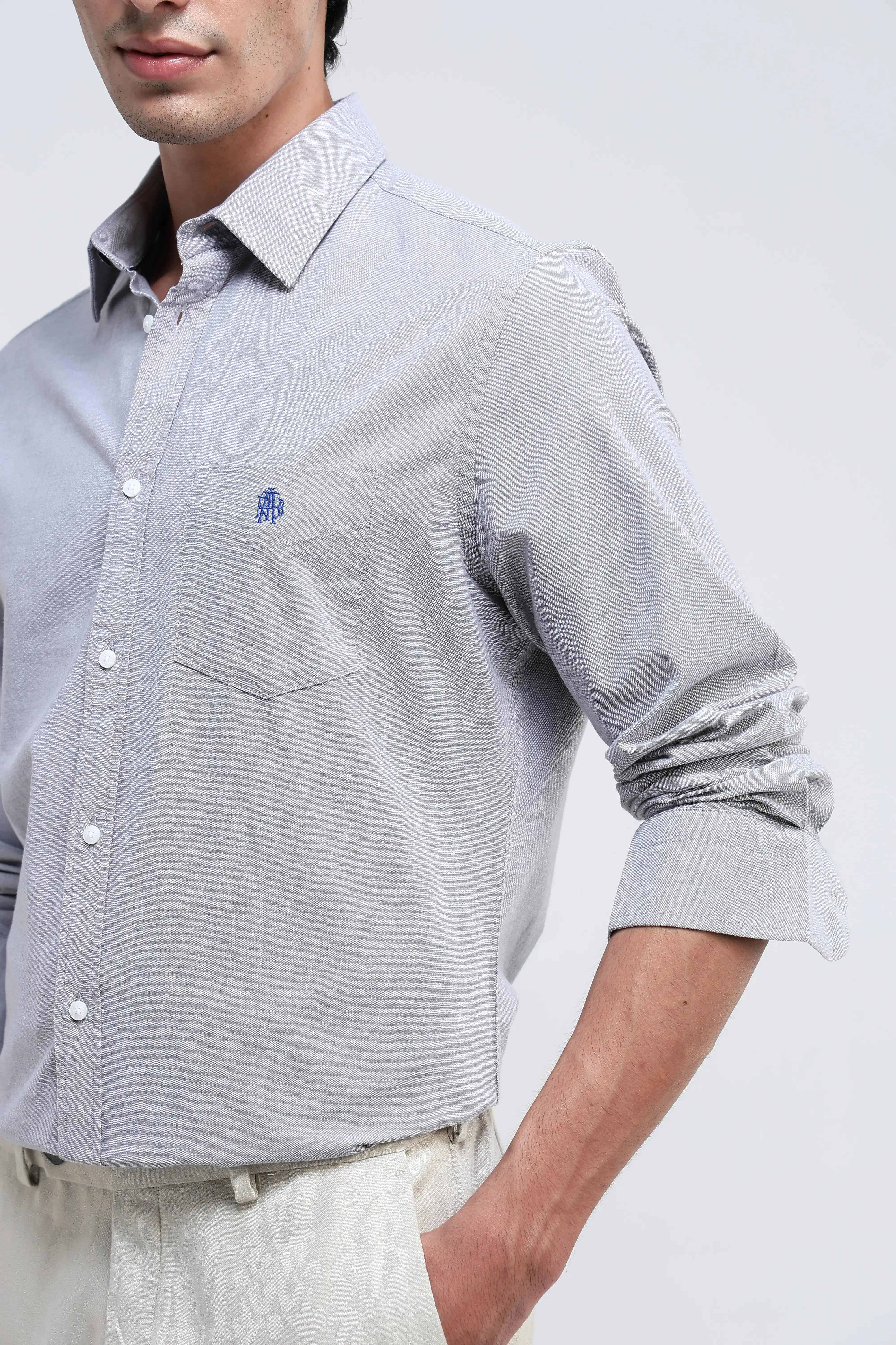Rare Rabbit Men's Oxob Grey Cotton Blend Plain Regular Fit Full Sleeve Collared Shirt - Image 6
