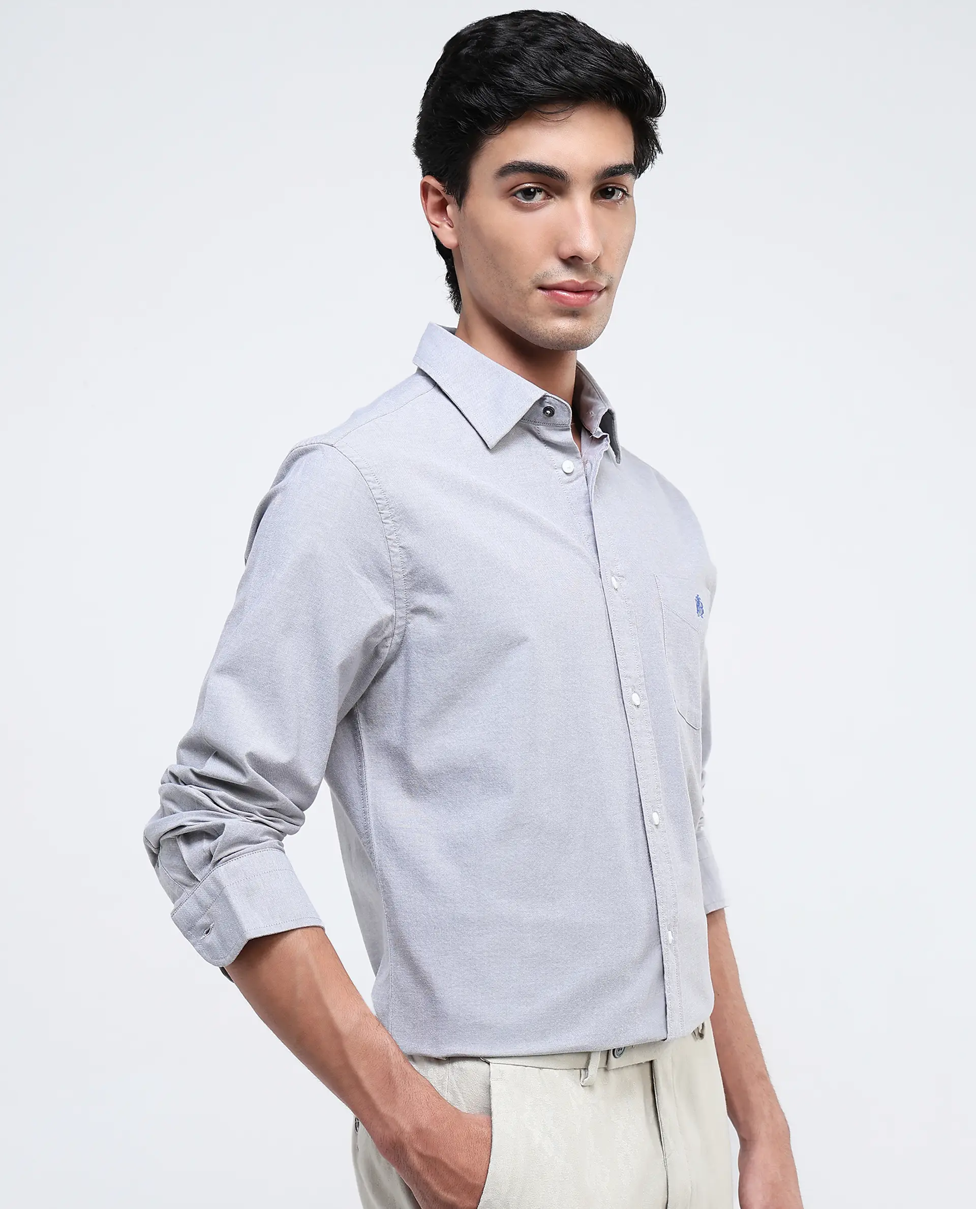 Rare Rabbit Men's Oxob Grey Cotton Blend Plain Regular Fit Full Sleeve Collared Shirt - Image 7
