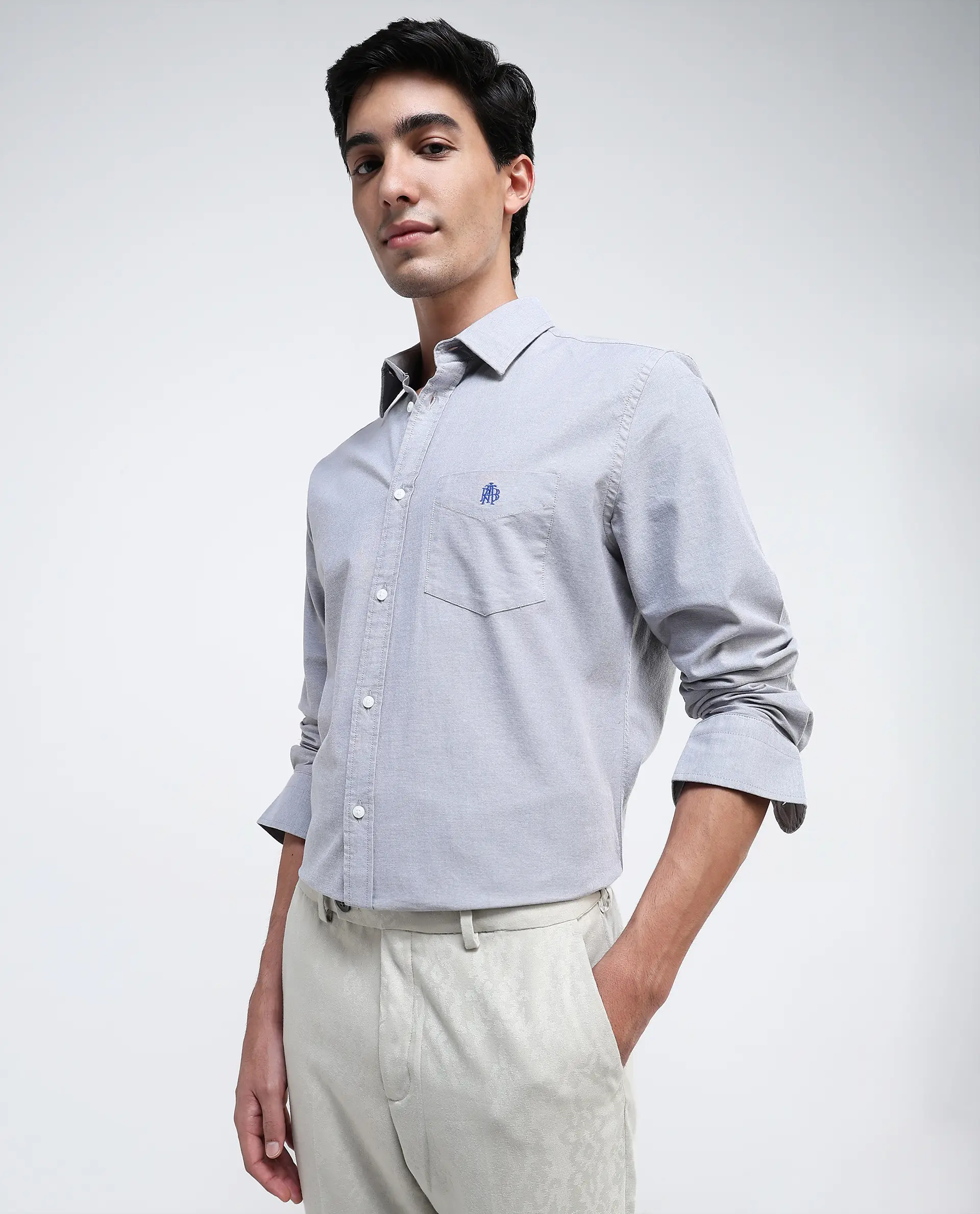 Rare Rabbit Men's Oxob Grey Cotton Blend Plain Regular Fit Full Sleeve Collared Shirt - Image 8