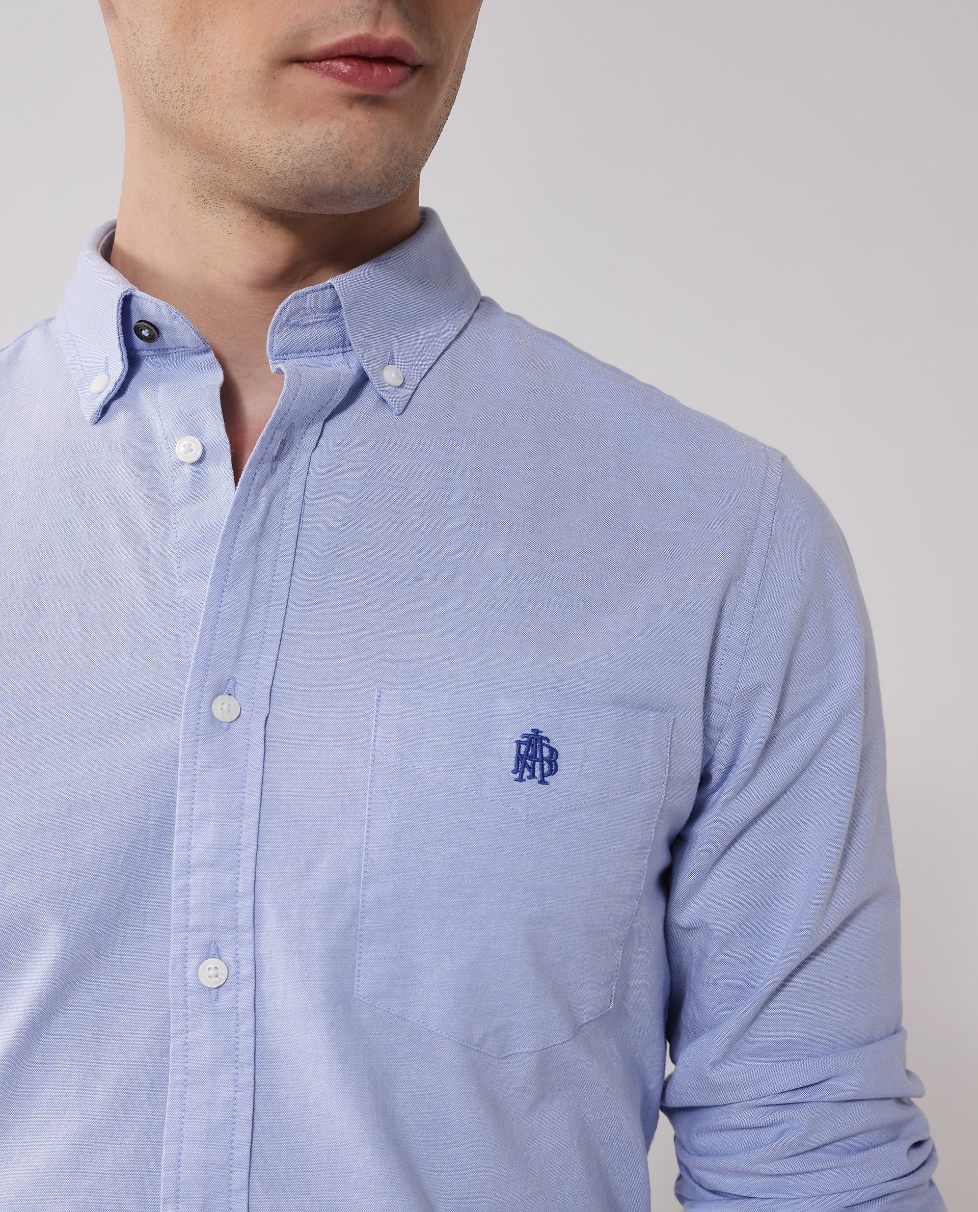 Rare Rabbit Men's Oxob Light Blue Cotton Blend Plain Regular Fit Full Sleeve Collared Shirt - Image 3