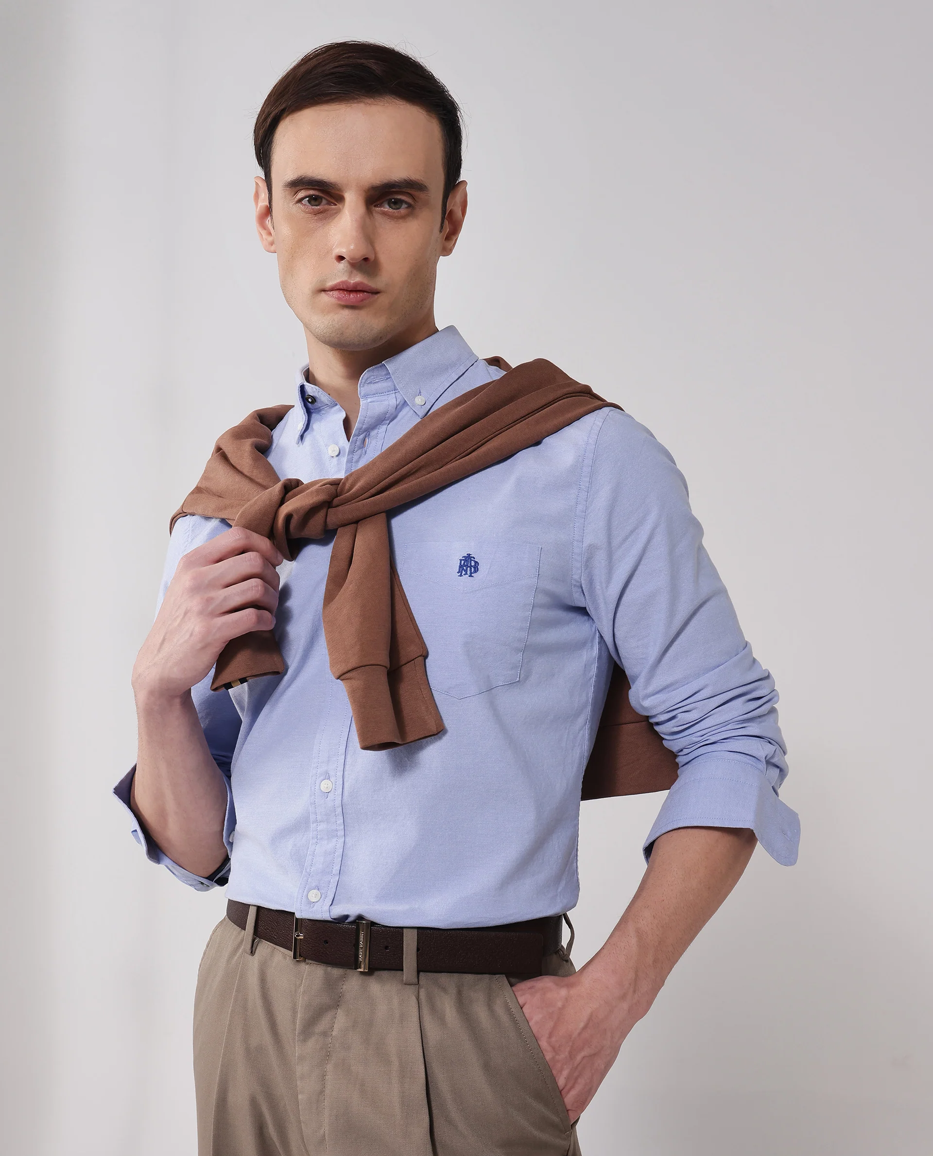 Rare Rabbit Men's Oxob Light Blue Cotton Blend Plain Regular Fit Full Sleeve Collared Shirt - Image 4