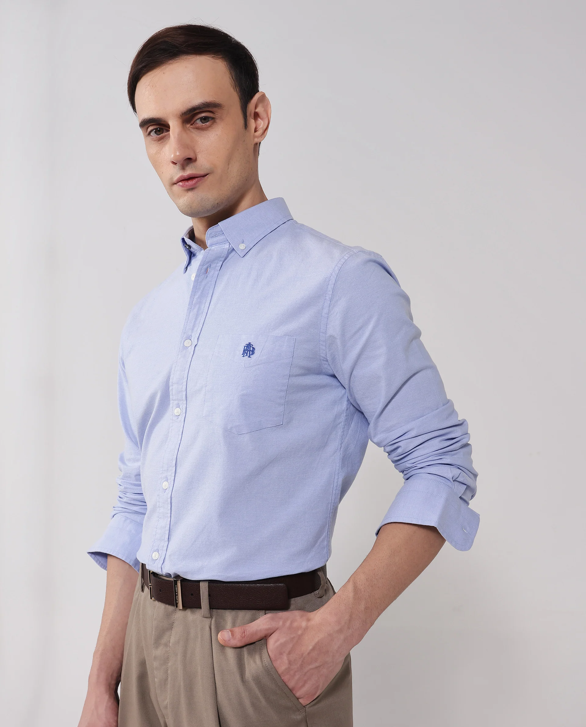 Rare Rabbit Men's Oxob Light Blue Cotton Blend Plain Regular Fit Full Sleeve Collared Shirt - Image 6
