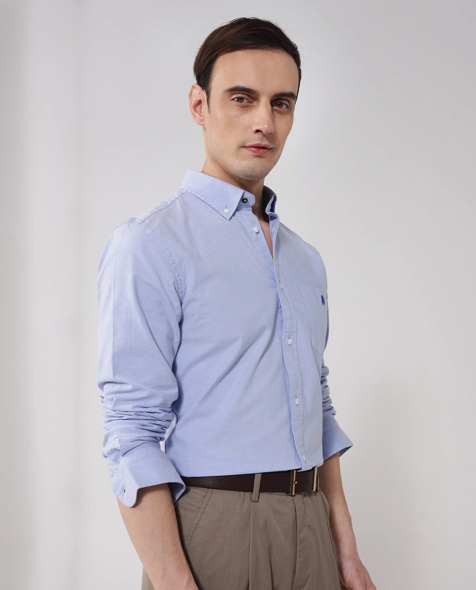 Rare Rabbit Men's Oxob Light Blue Cotton Blend Plain Regular Fit Full Sleeve Collared Shirt - Image 7