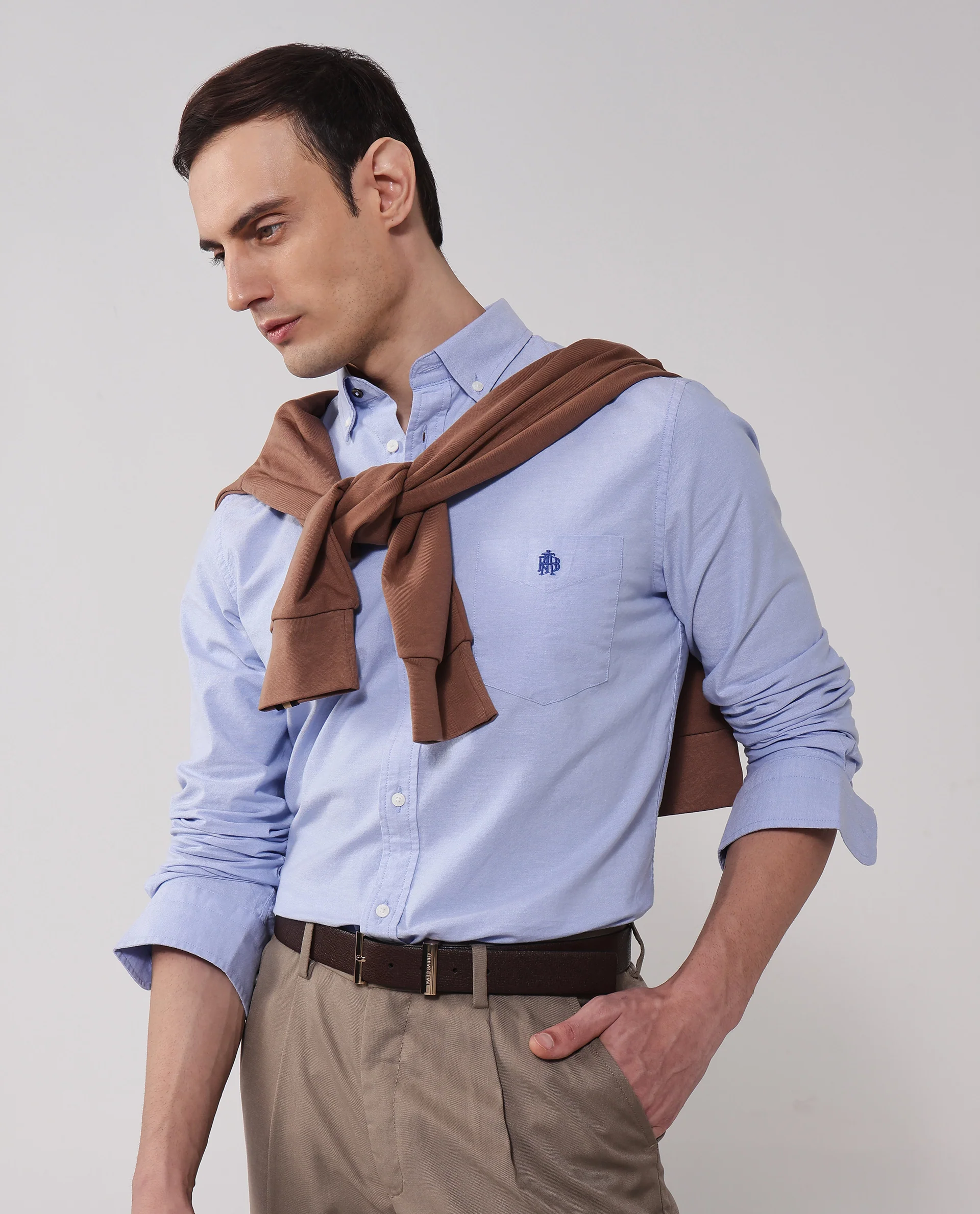 Rare Rabbit Men's Oxob Light Blue Cotton Blend Plain Regular Fit Full Sleeve Collared Shirt - Image 8
