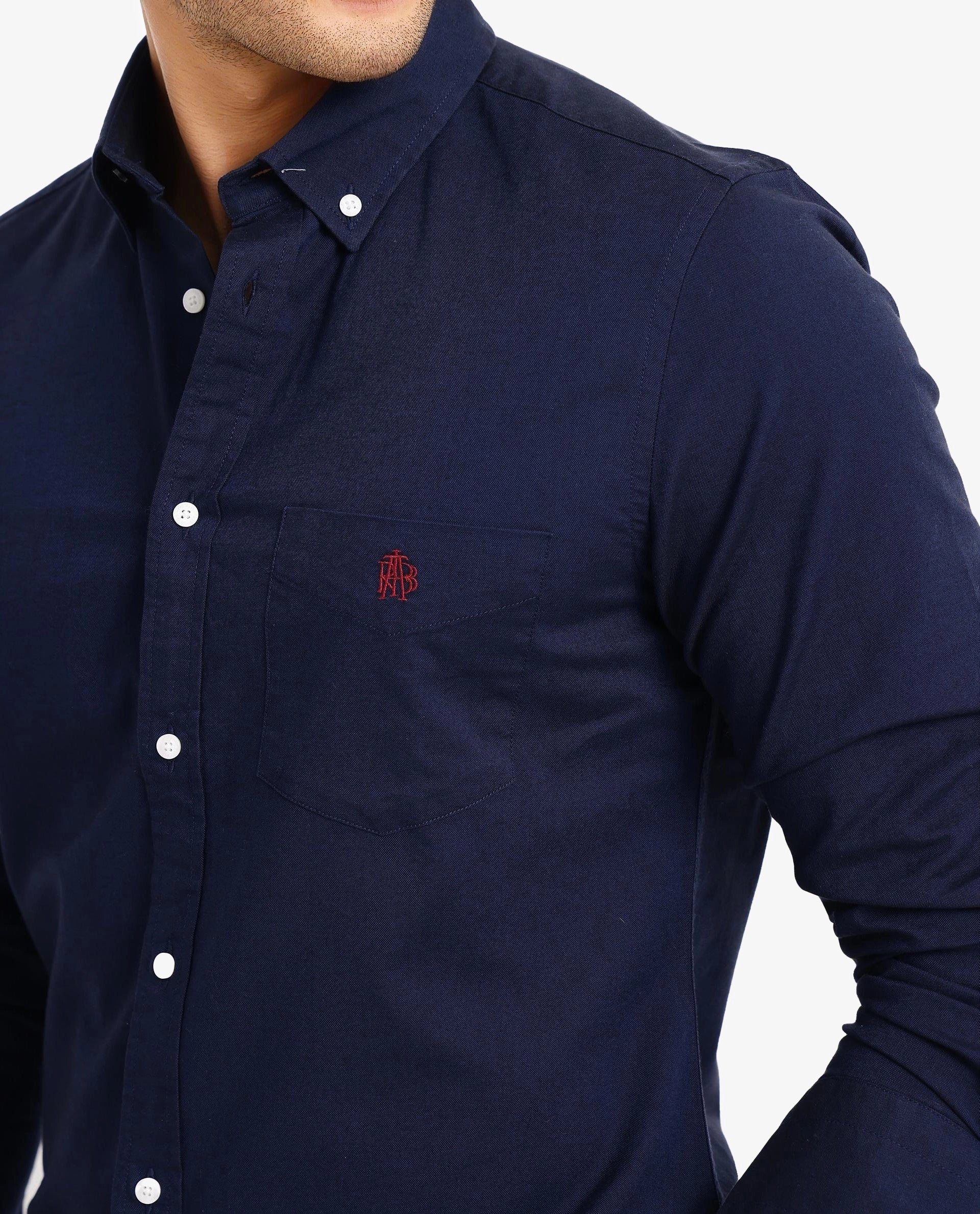 Rare Rabbit Men's Oxob Navy Cotton Blend Plain Regular Fit Full Sleeve Collared Shirt - Image 3
