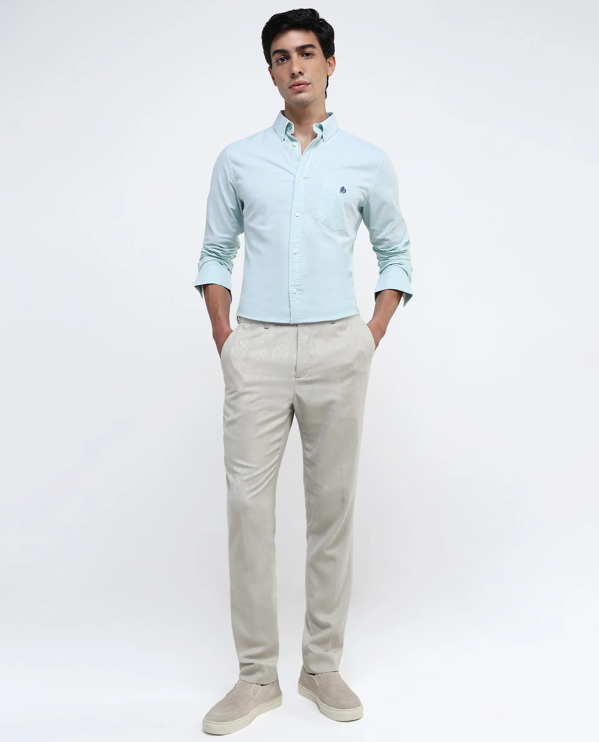 Rare Rabbit Men's Oxob Pastel Green Cotton Blend Plain Regular Fit Full Sleeve Collared Shirt - Image 2