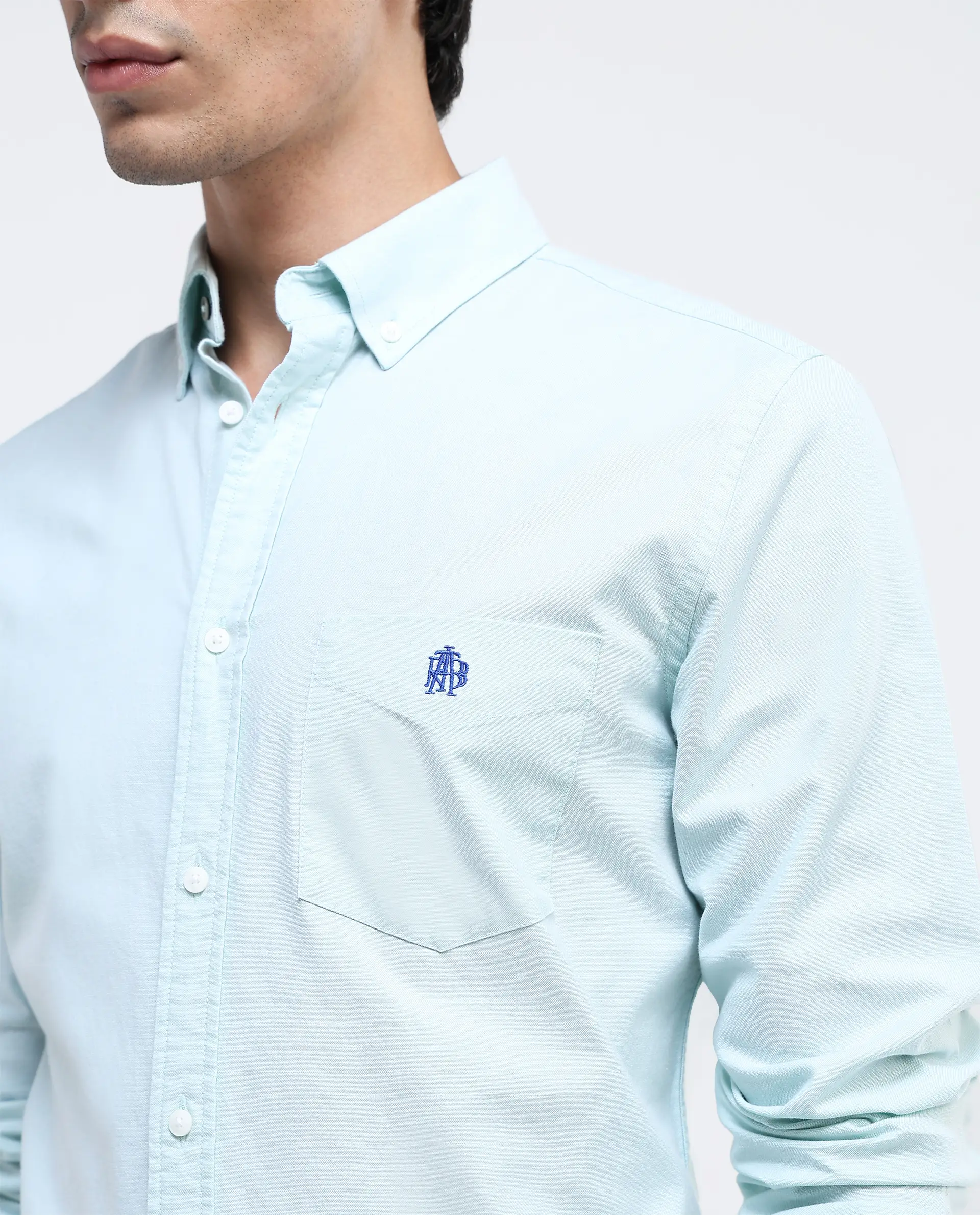 Rare Rabbit Men's Oxob Pastel Green Cotton Blend Plain Regular Fit Full Sleeve Collared Shirt - Image 3