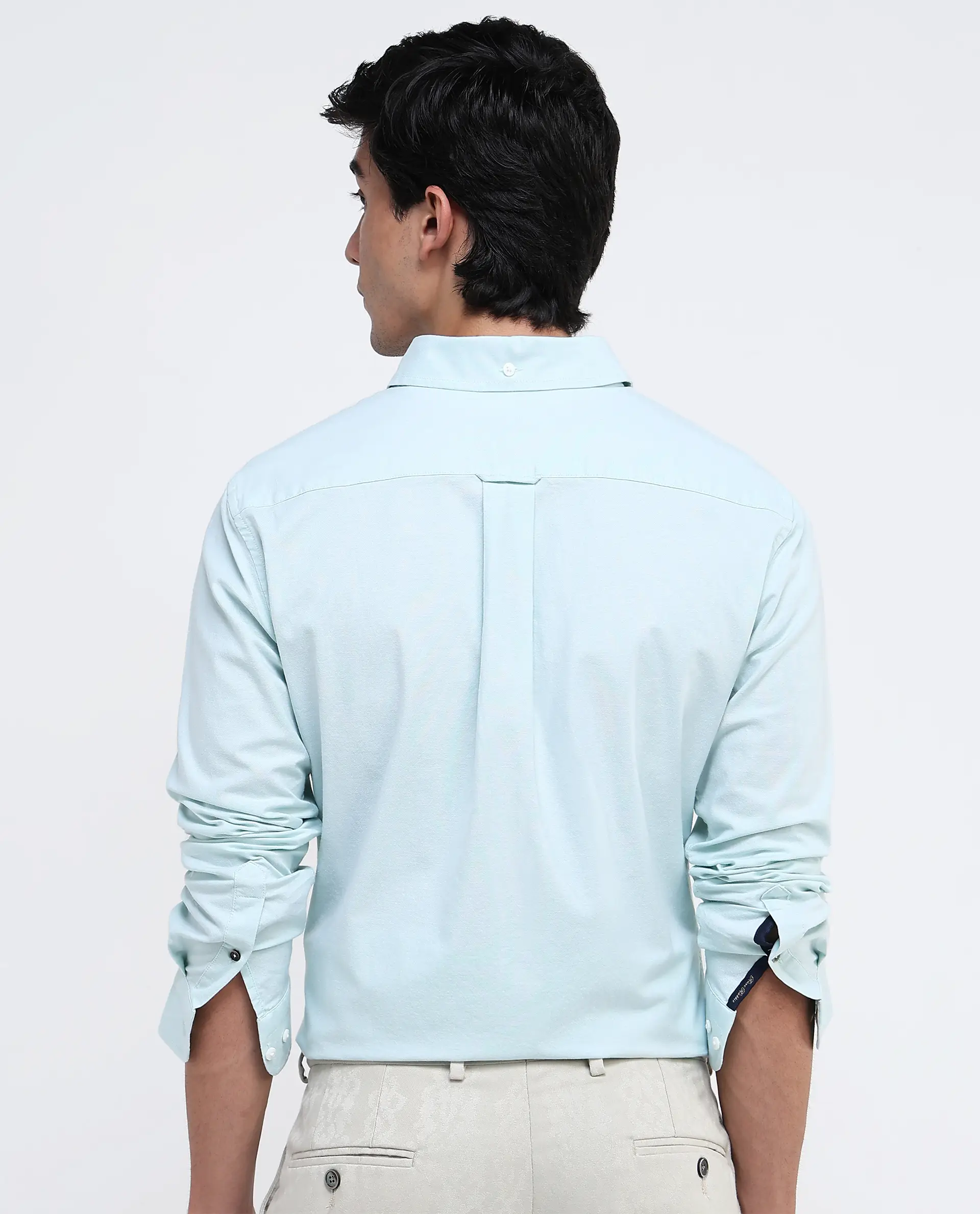 Rare Rabbit Men's Oxob Pastel Green Cotton Blend Plain Regular Fit Full Sleeve Collared Shirt - Image 4