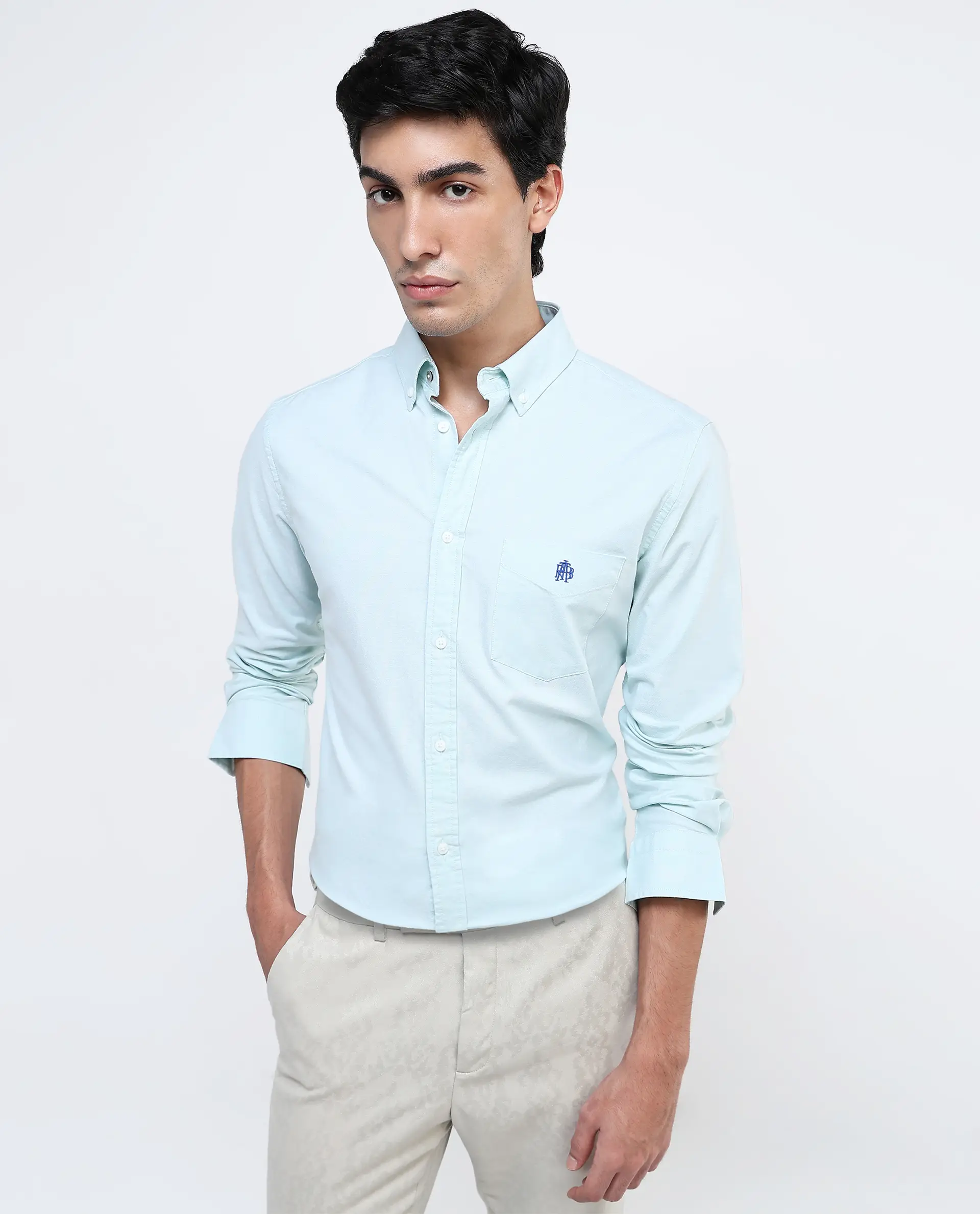 Rare Rabbit Men's Oxob Pastel Green Cotton Blend Plain Regular Fit Full Sleeve Collared Shirt - Image 5