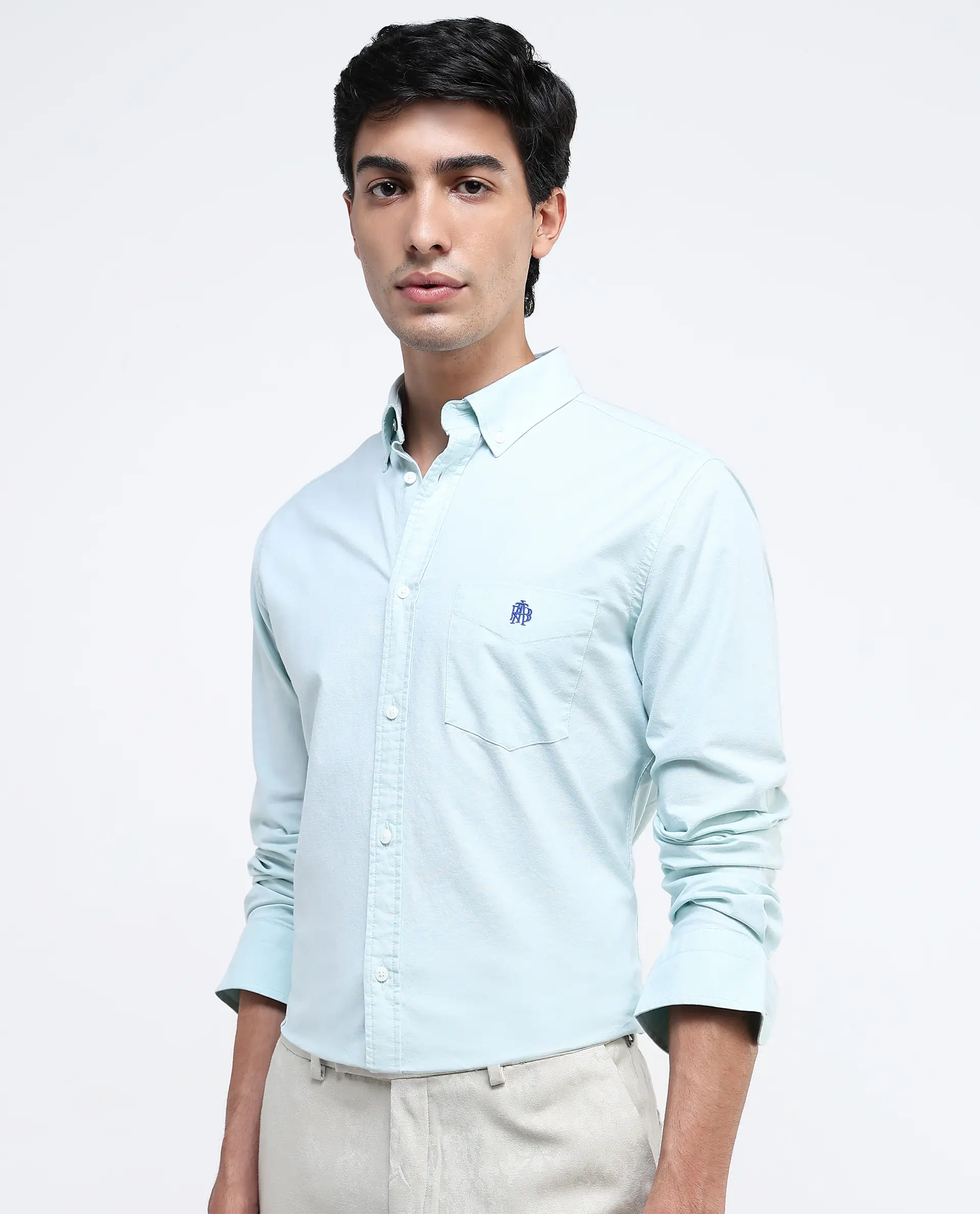 Rare Rabbit Men's Oxob Pastel Green Cotton Blend Plain Regular Fit Full Sleeve Collared Shirt - Image 7
