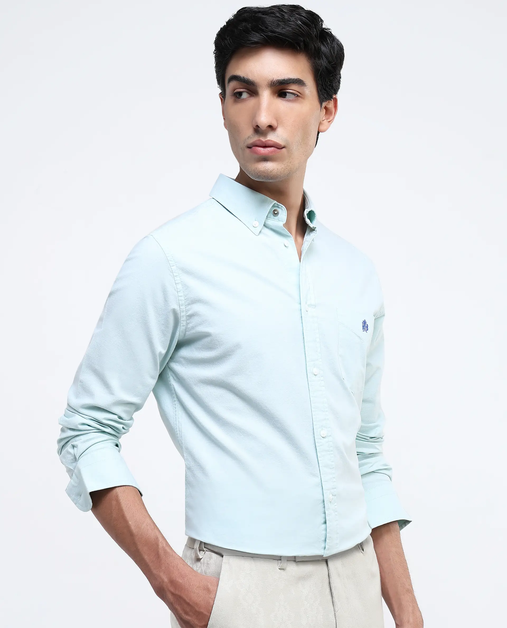Rare Rabbit Men's Oxob Pastel Green Cotton Blend Plain Regular Fit Full Sleeve Collared Shirt - Image 8