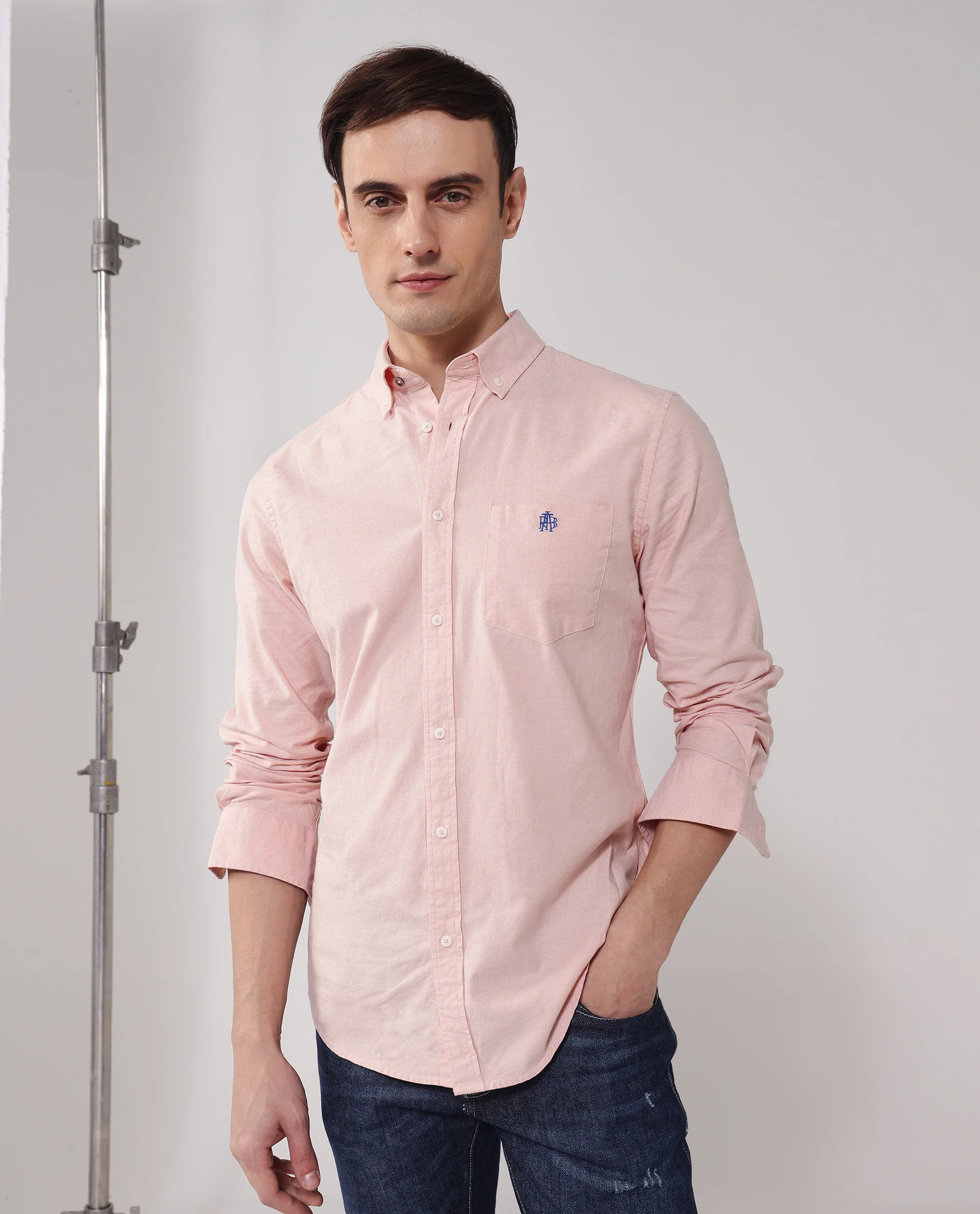 Rare Rabbit Men's Oxob Pastel Peach Cotton Blend Plain Regular Fit Full Sleeve Collared Shirt
