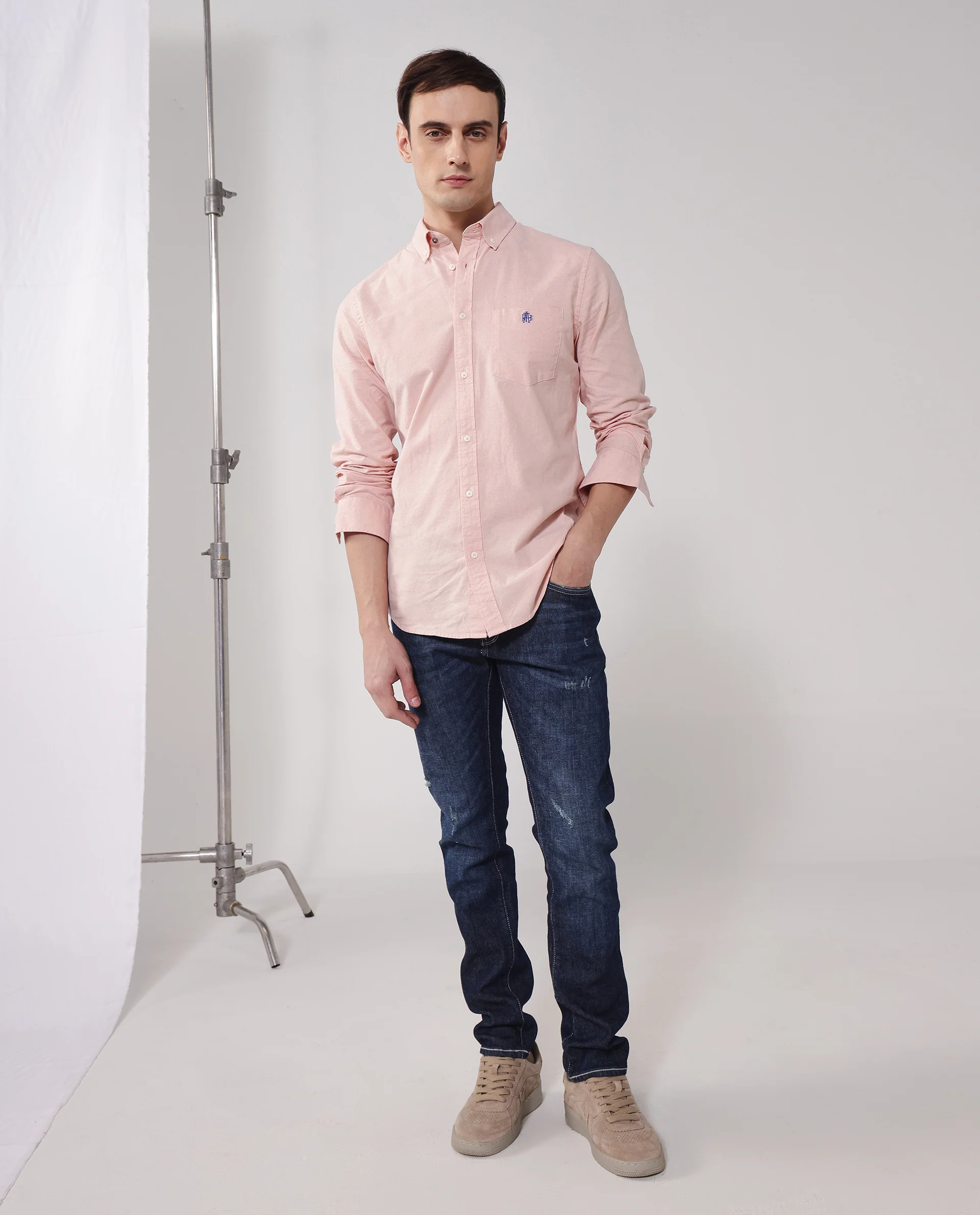 Rare Rabbit Men's Oxob Pastel Peach Cotton Blend Plain Regular Fit Full Sleeve Collared Shirt - Image 5