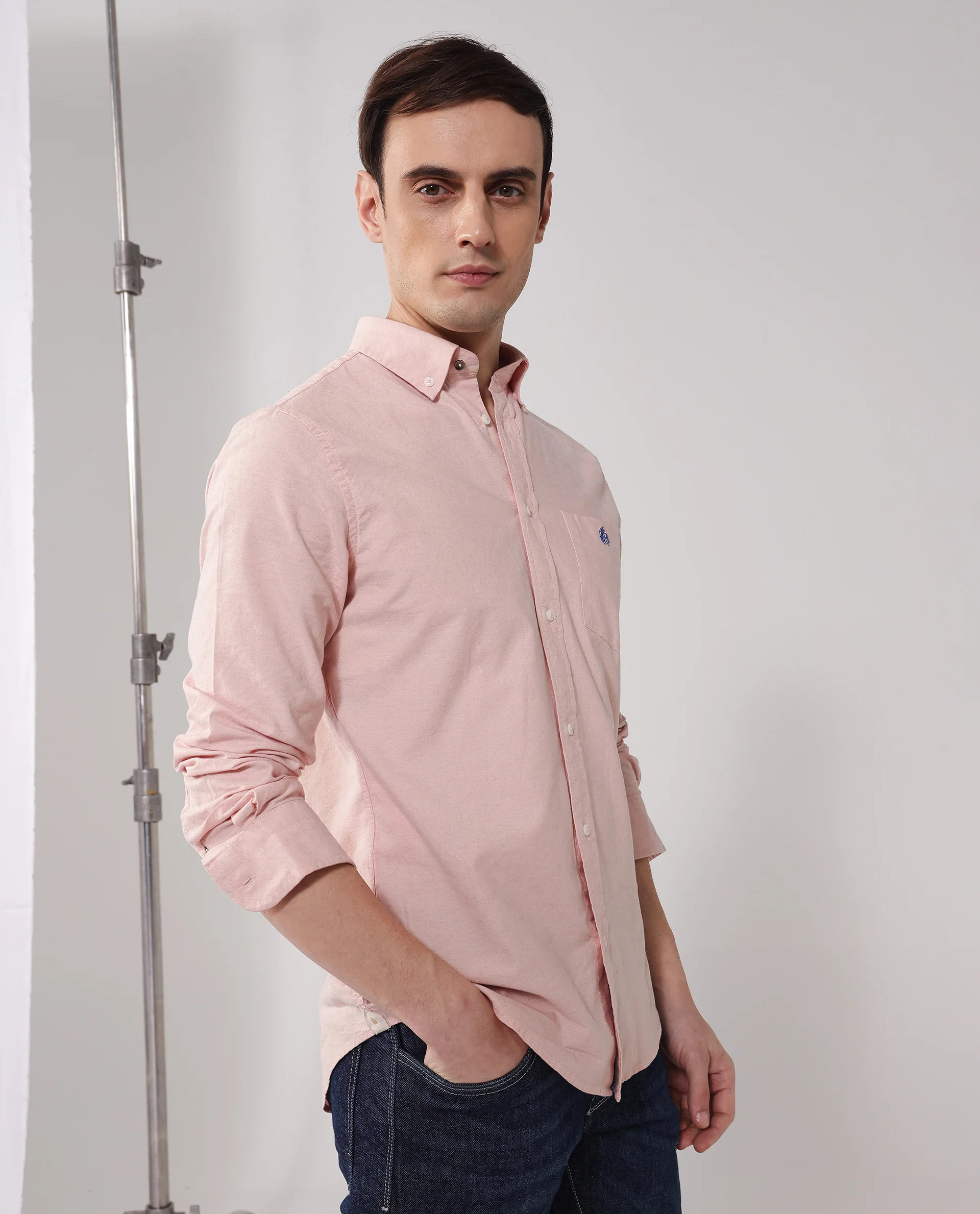 Rare Rabbit Men's Oxob Pastel Peach Cotton Blend Plain Regular Fit Full Sleeve Collared Shirt - Image 7