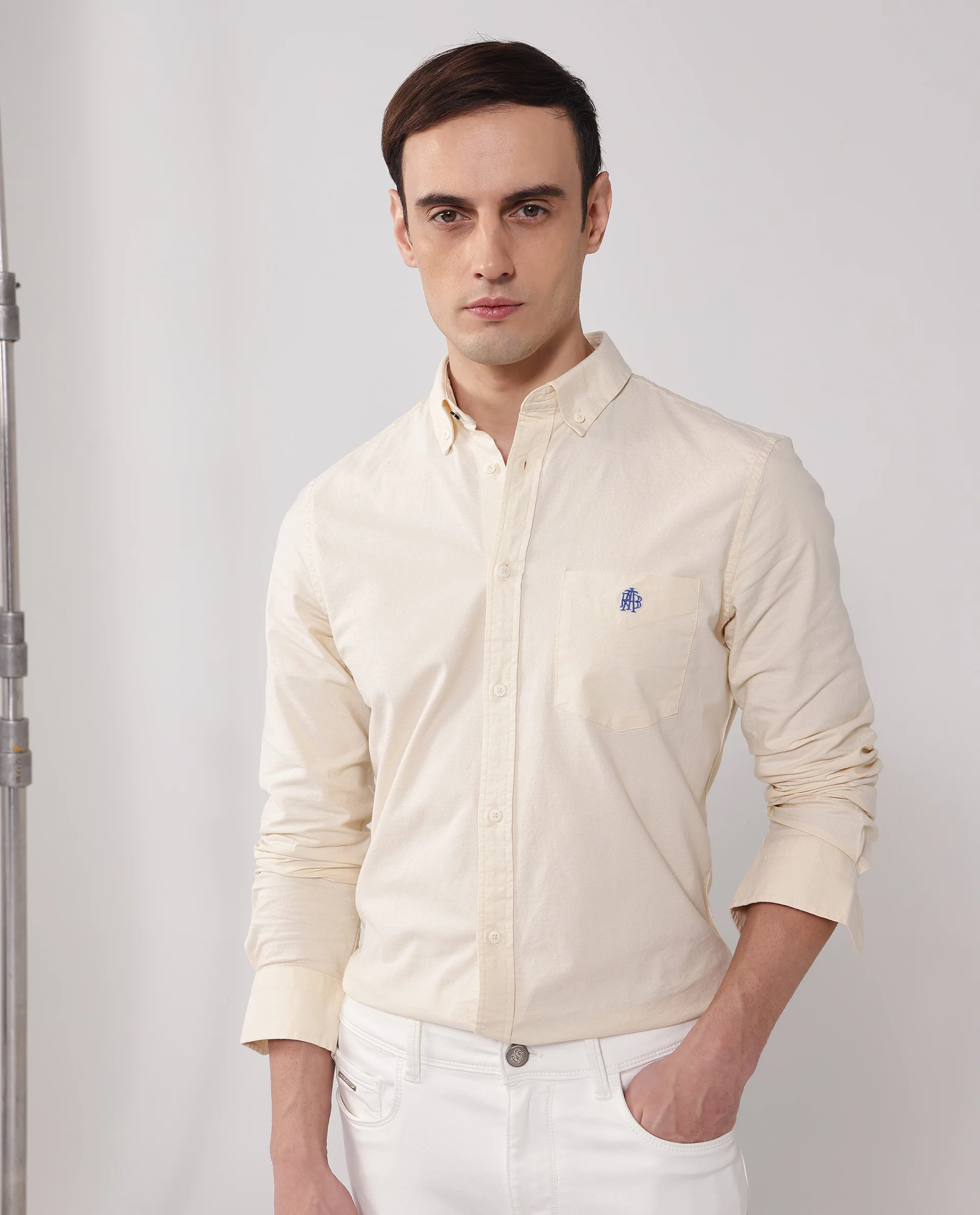 Rare Rabbit Men's Oxob Pastel Yellow Cotton Blend Plain Regular Fit Full Sleeve Collared Shirt - Image 5