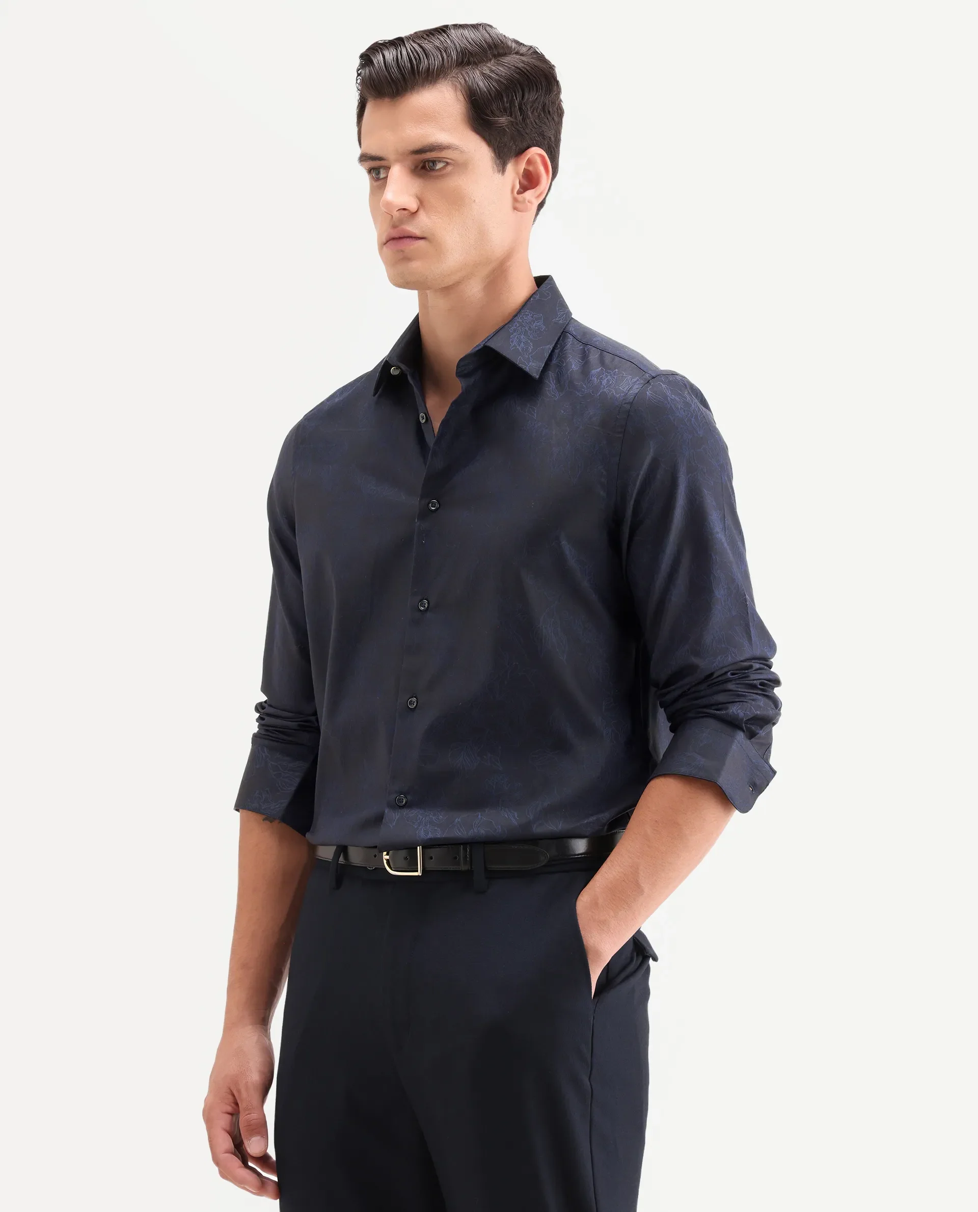 Rare Rabbit Men's Oxon Navy Cotton Fabric Full Sleeve Spread Collar Button Regular Floral Print Shirt - Image 4