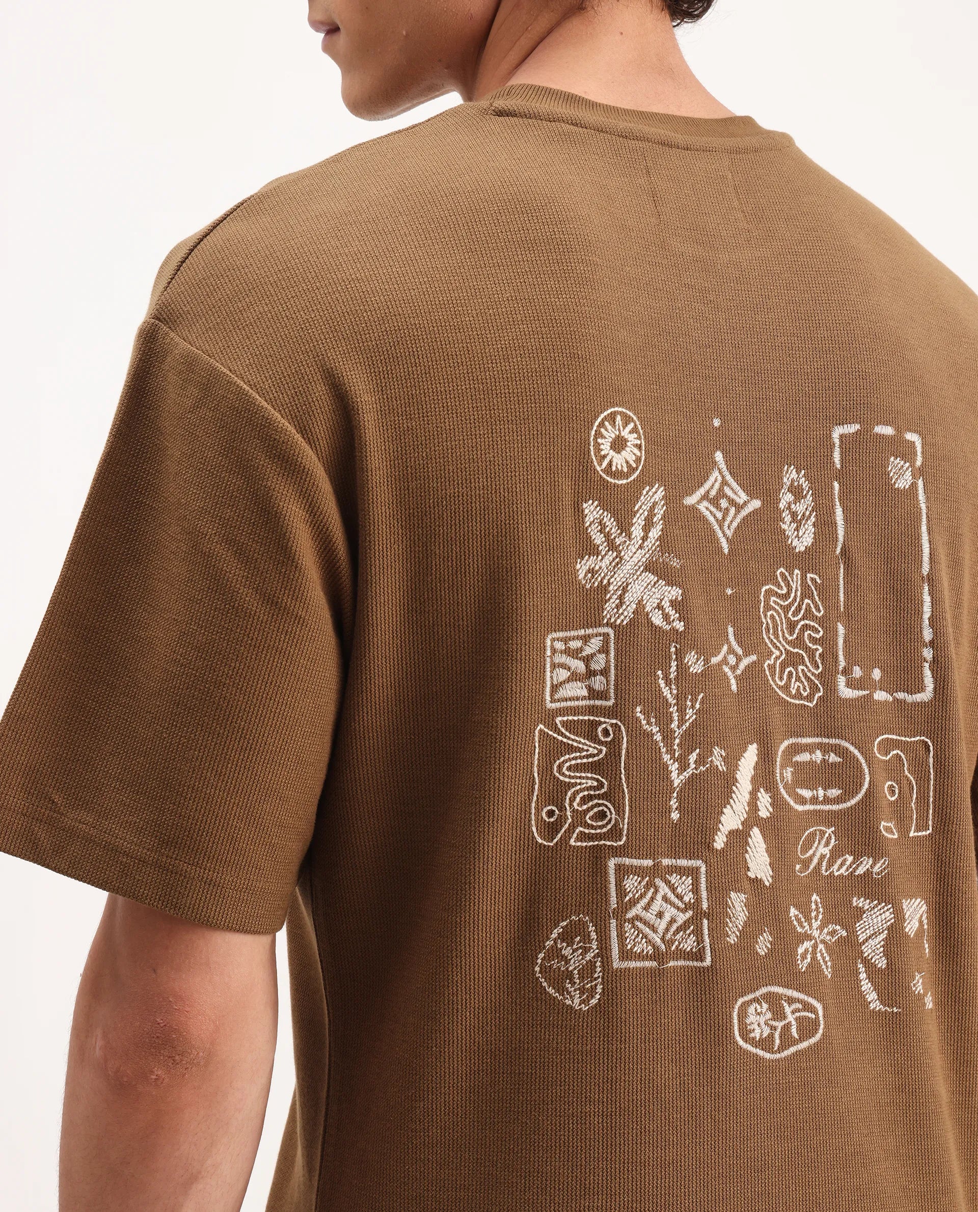 Rare Rabbit Men's Oxot Dusky Olive Cotton Embroidered Oversized Fit Half Sleeve Crew Neck T-Shirt - Image 3