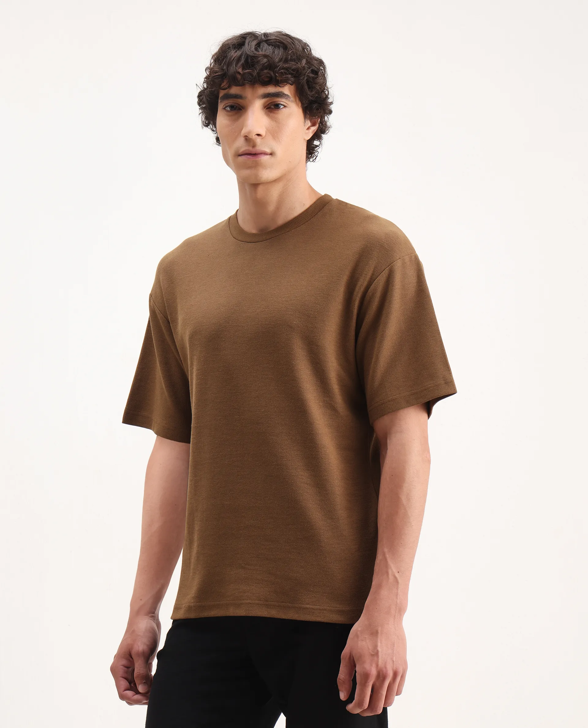 Rare Rabbit Men's Oxot Dusky Olive Cotton Embroidered Oversized Fit Half Sleeve Crew Neck T-Shirt - Image 4