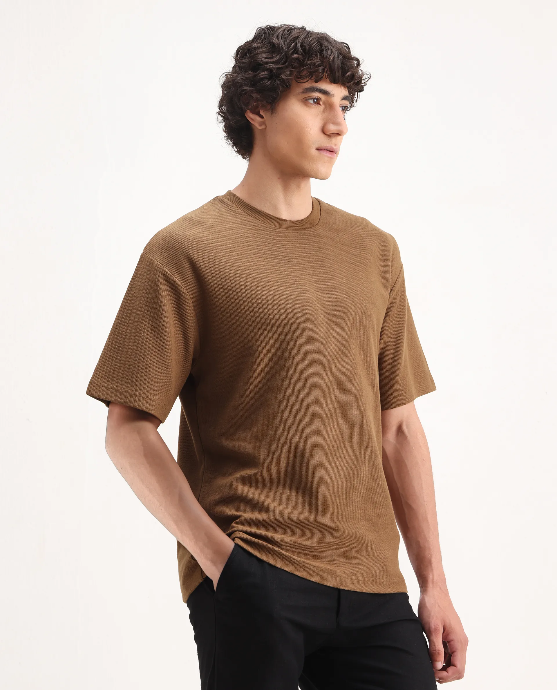 Rare Rabbit Men's Oxot Dusky Olive Cotton Embroidered Oversized Fit Half Sleeve Crew Neck T-Shirt - Image 5