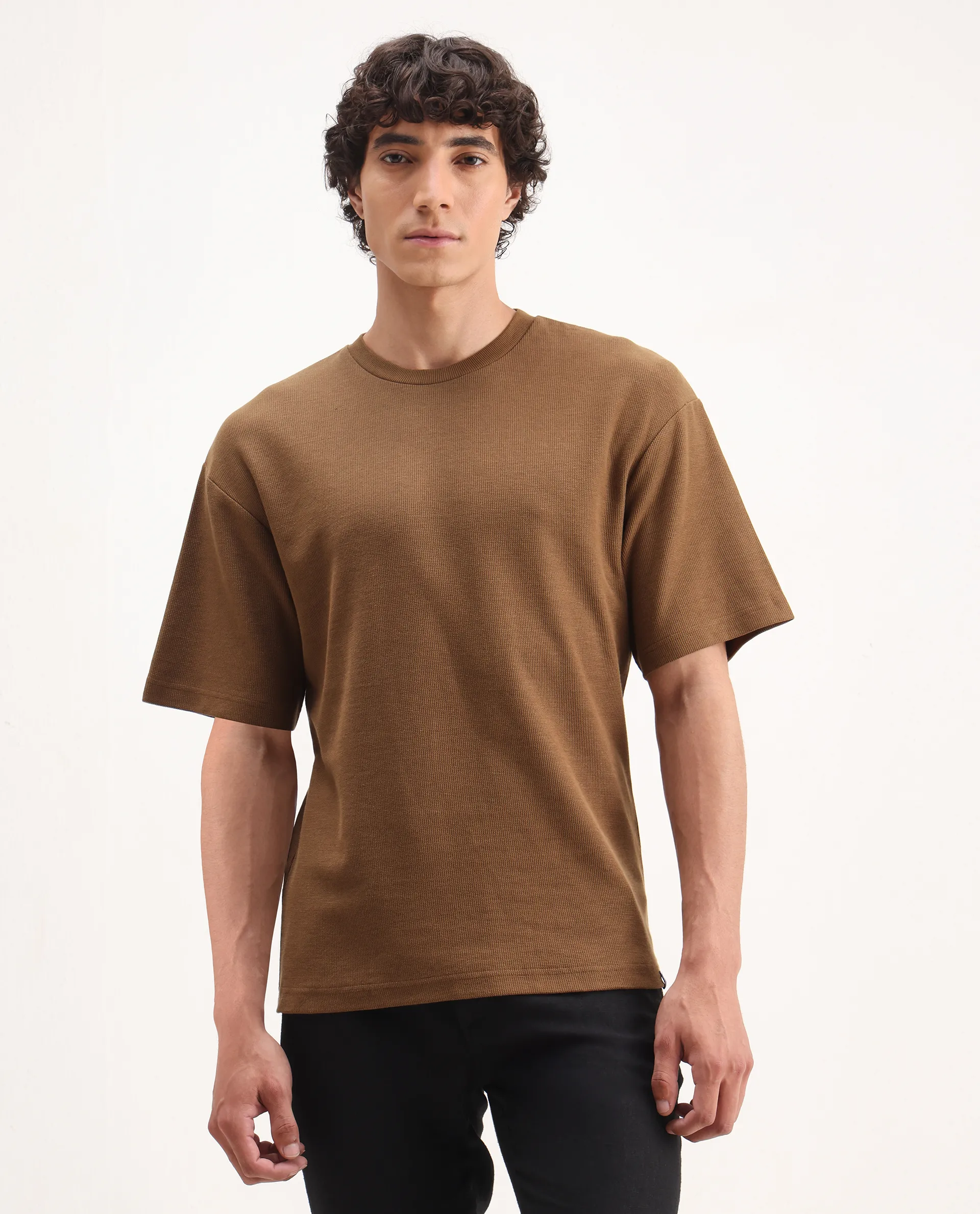 Rare Rabbit Men's Oxot Dusky Olive Cotton Embroidered Oversized Fit Half Sleeve Crew Neck T-Shirt - Image 6