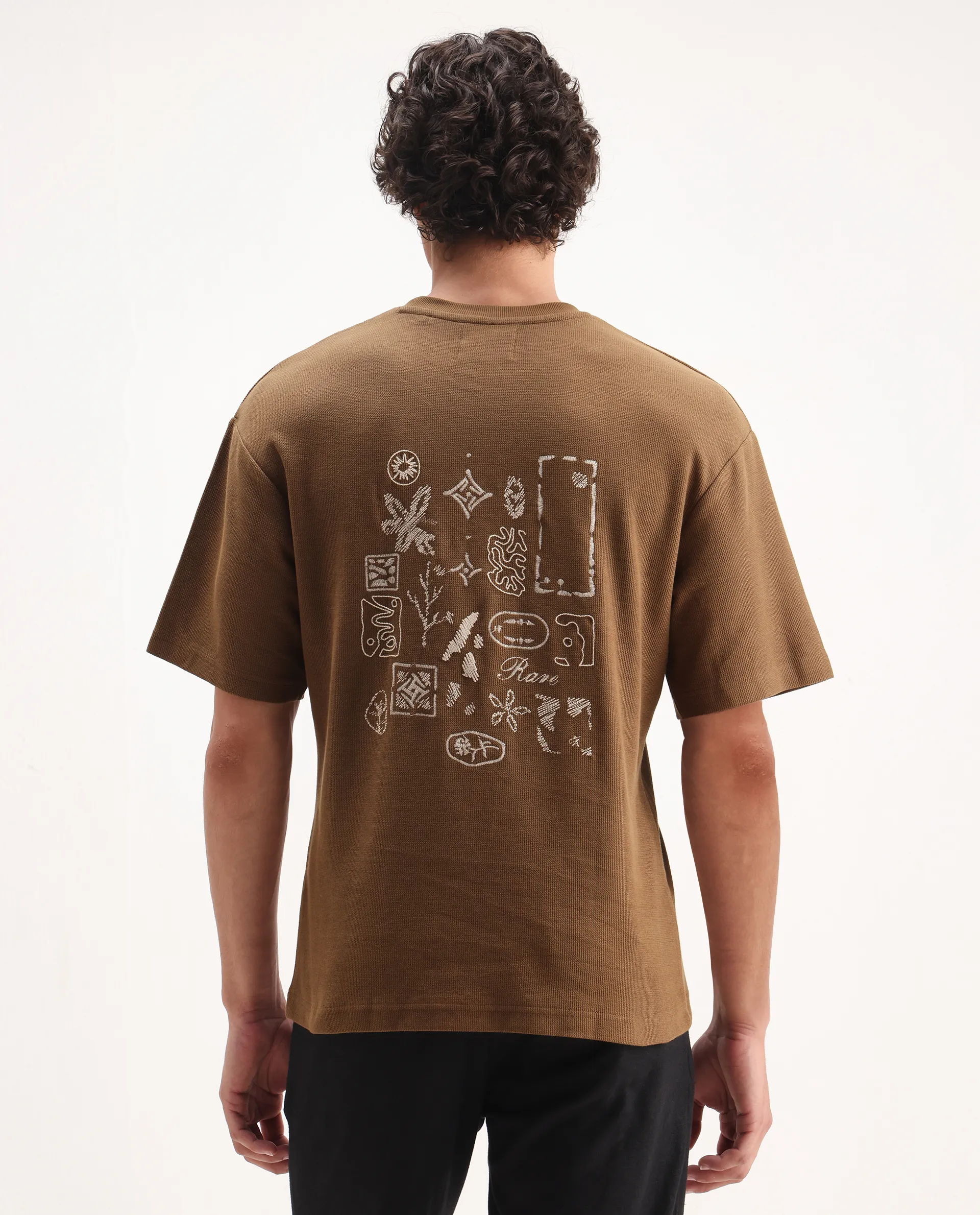 Rare Rabbit Men's Oxot Dusky Olive Cotton Embroidered Oversized Fit Half Sleeve Crew Neck T-Shirt - Image 7