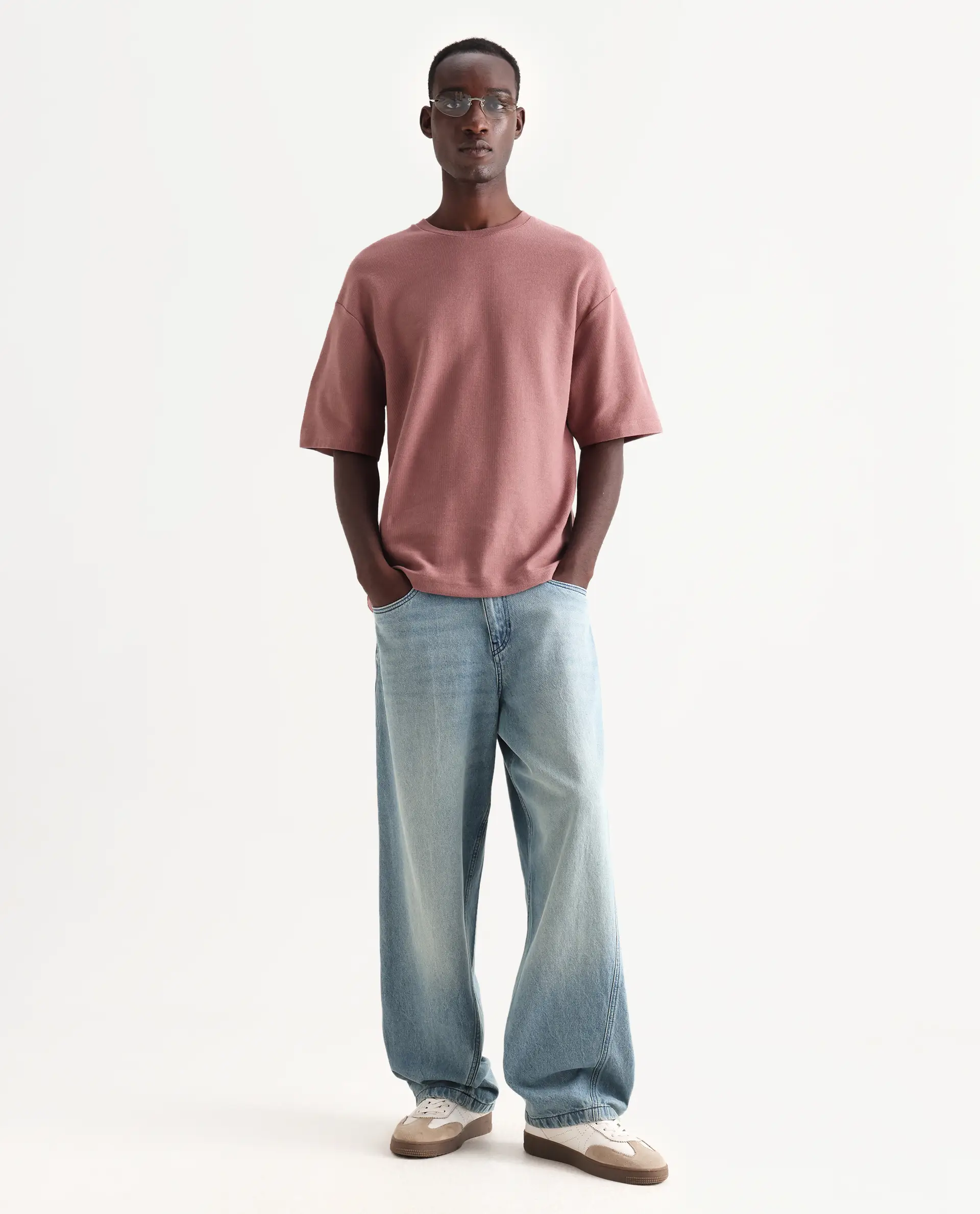 Rare Rabbit Men's Oxot Dusky Pink Cotton Embroidered Oversized Fit Half Sleeve Crew Neck T-Shirt - Image 2