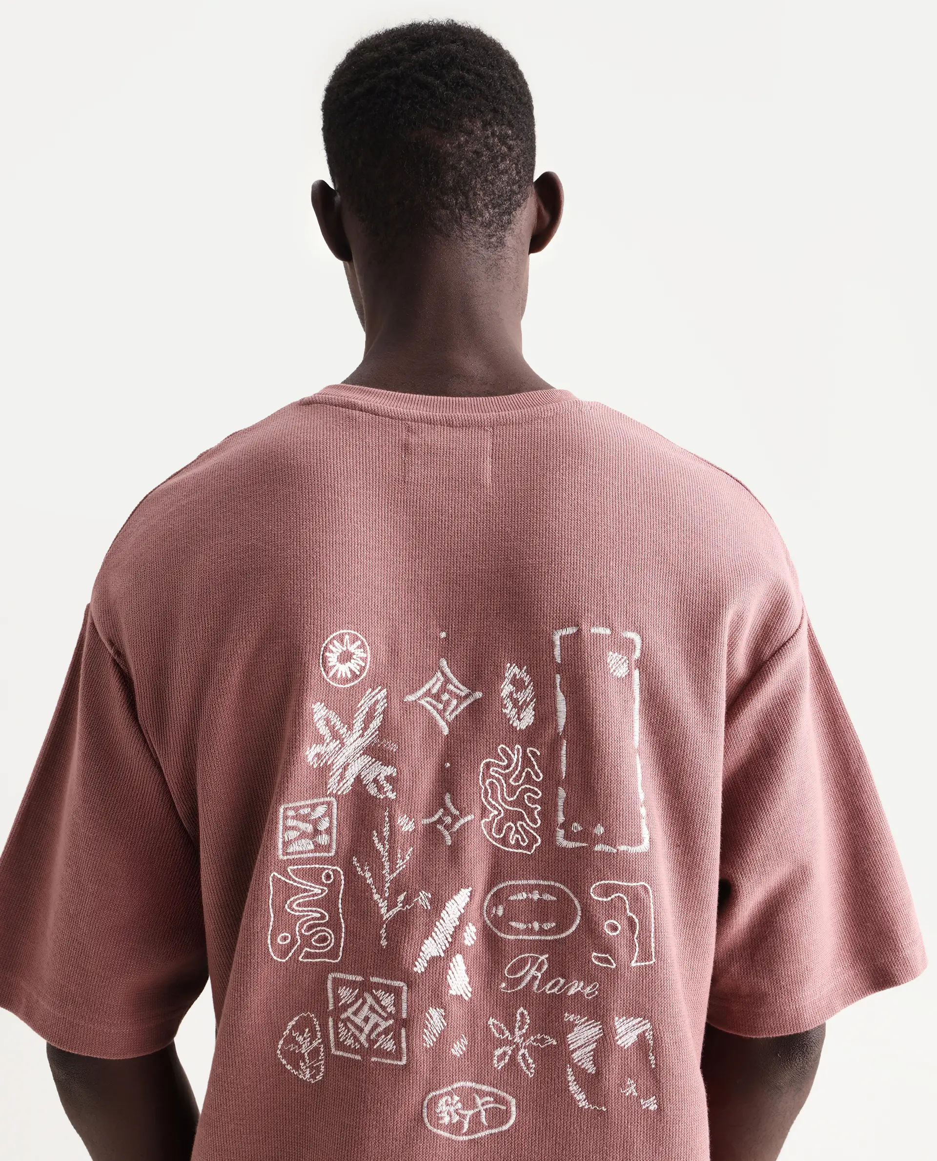 Rare Rabbit Men's Oxot Dusky Pink Cotton Embroidered Oversized Fit Half Sleeve Crew Neck T-Shirt - Image 3