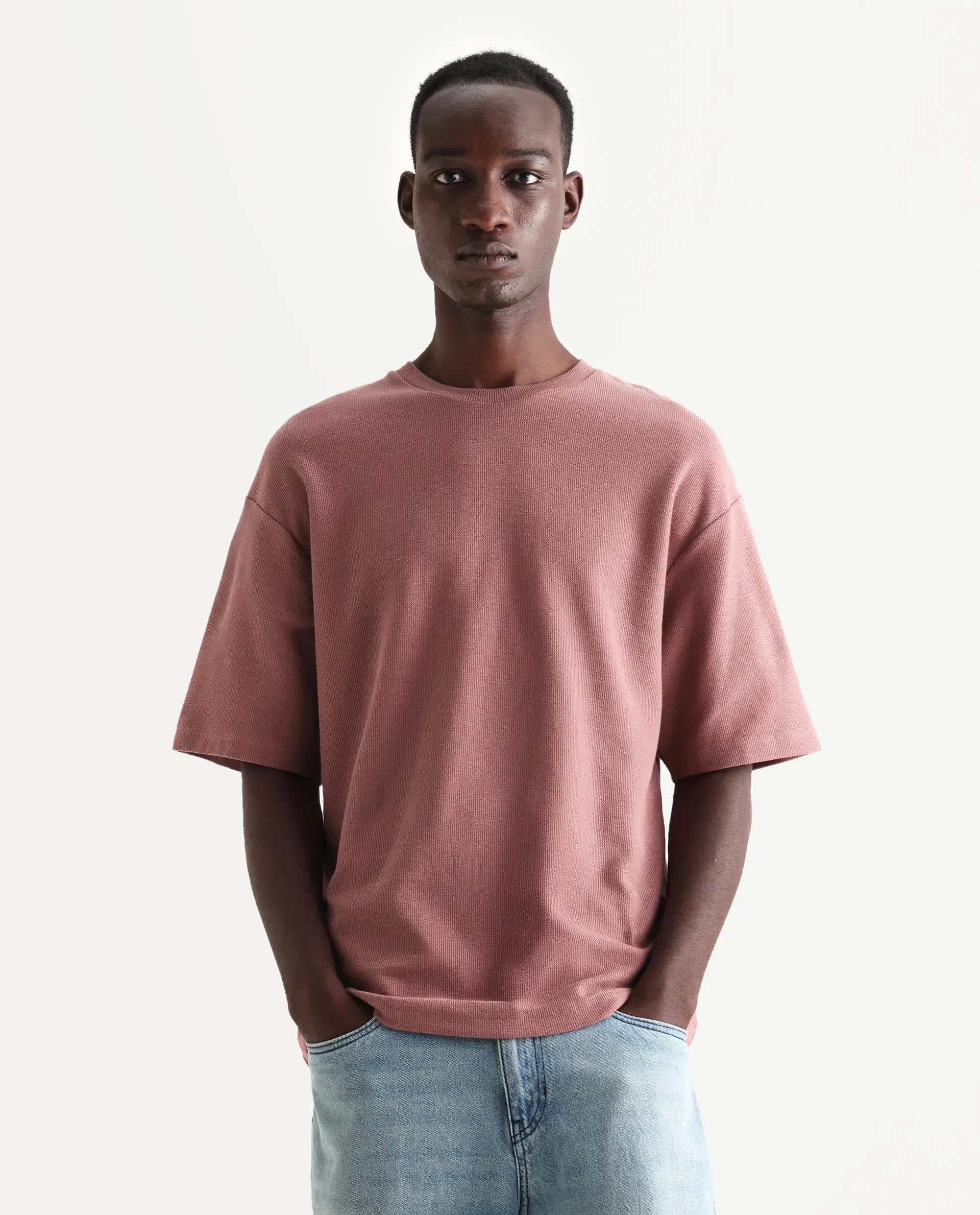 Rare Rabbit Men's Oxot Dusky Pink Cotton Embroidered Oversized Fit Half Sleeve Crew Neck T-Shirt - Image 4