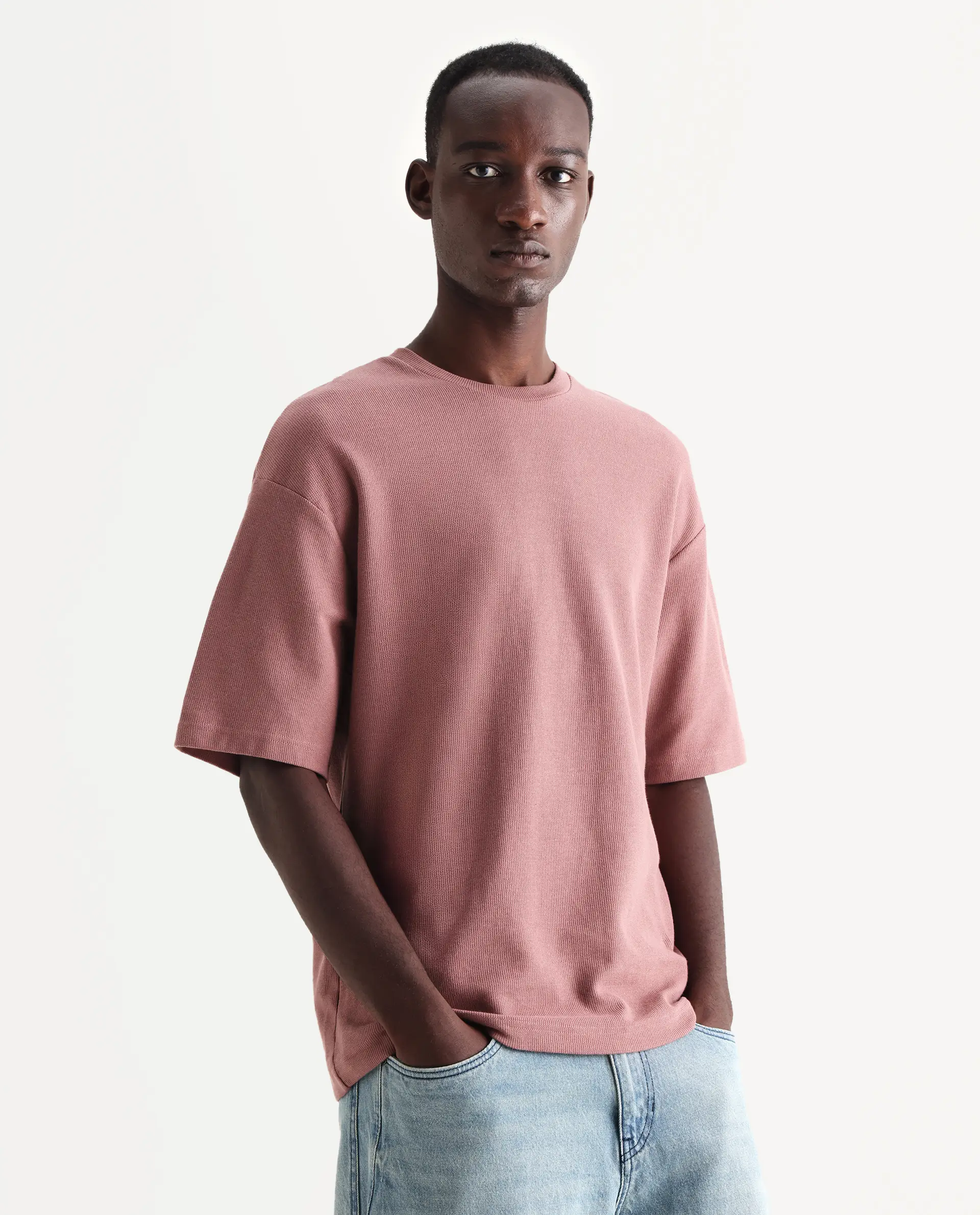 Rare Rabbit Men's Oxot Dusky Pink Cotton Embroidered Oversized Fit Half Sleeve Crew Neck T-Shirt - Image 5