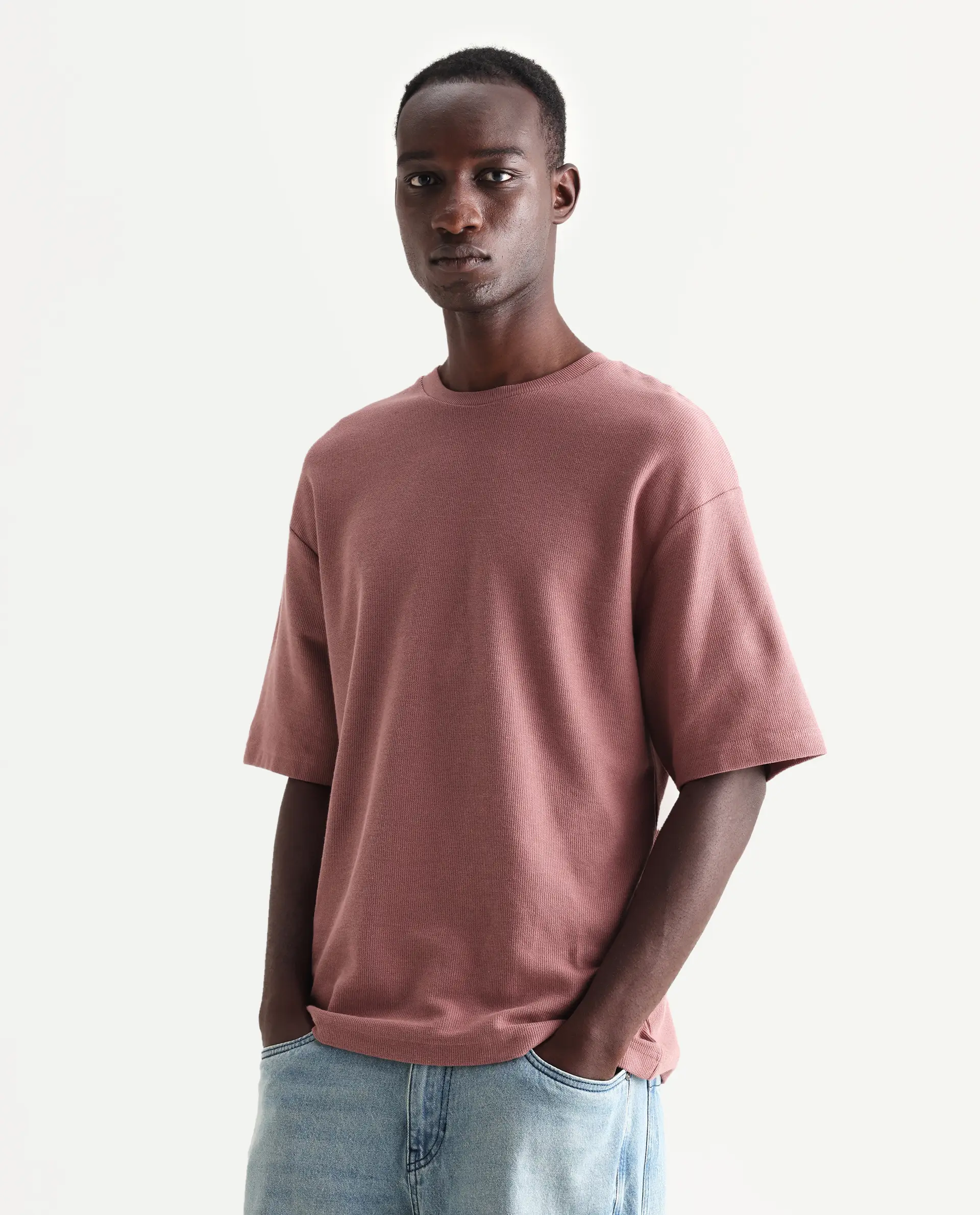 Rare Rabbit Men's Oxot Dusky Pink Cotton Embroidered Oversized Fit Half Sleeve Crew Neck T-Shirt - Image 6