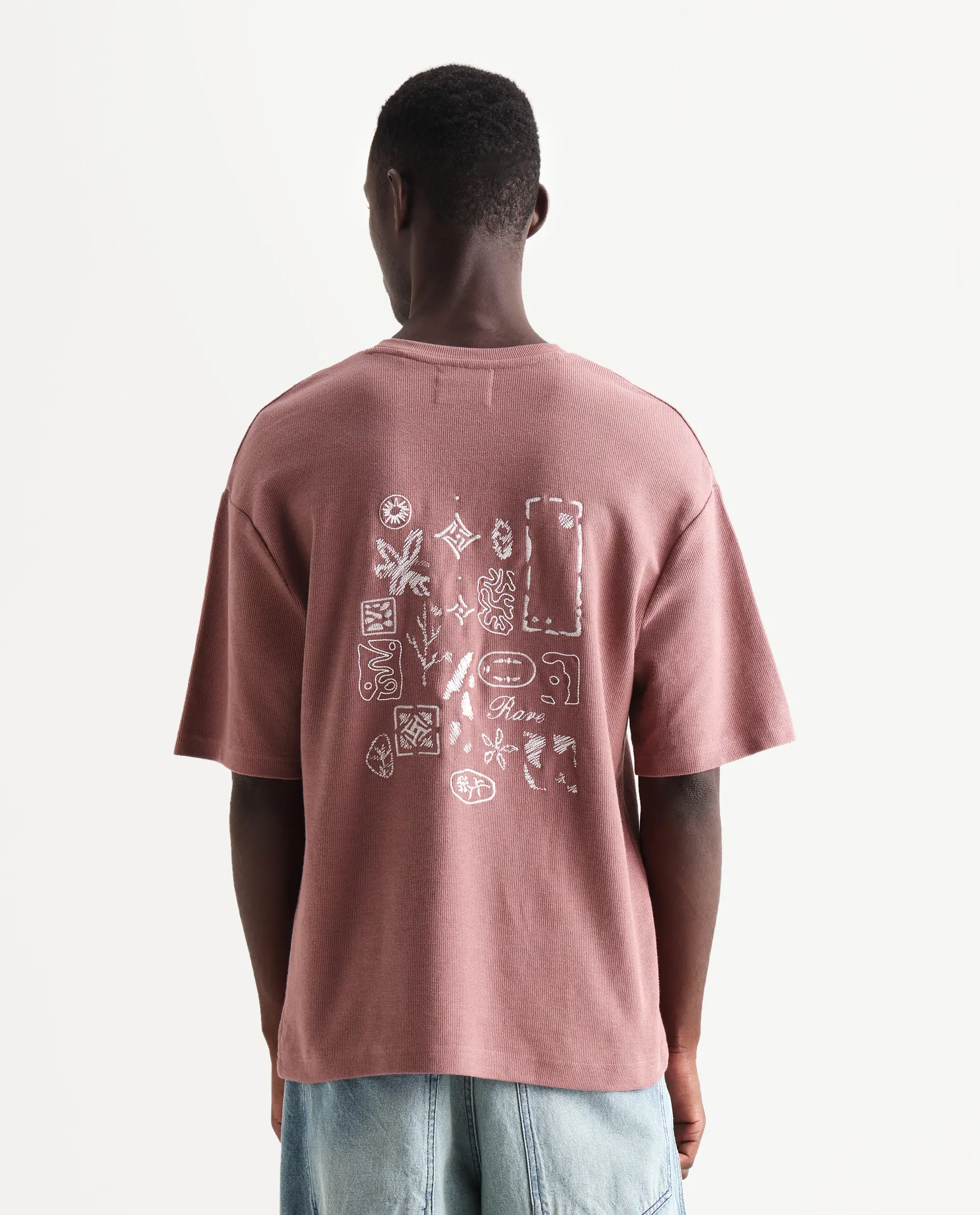 Rare Rabbit Men's Oxot Dusky Pink Cotton Embroidered Oversized Fit Half Sleeve Crew Neck T-Shirt - Image 7